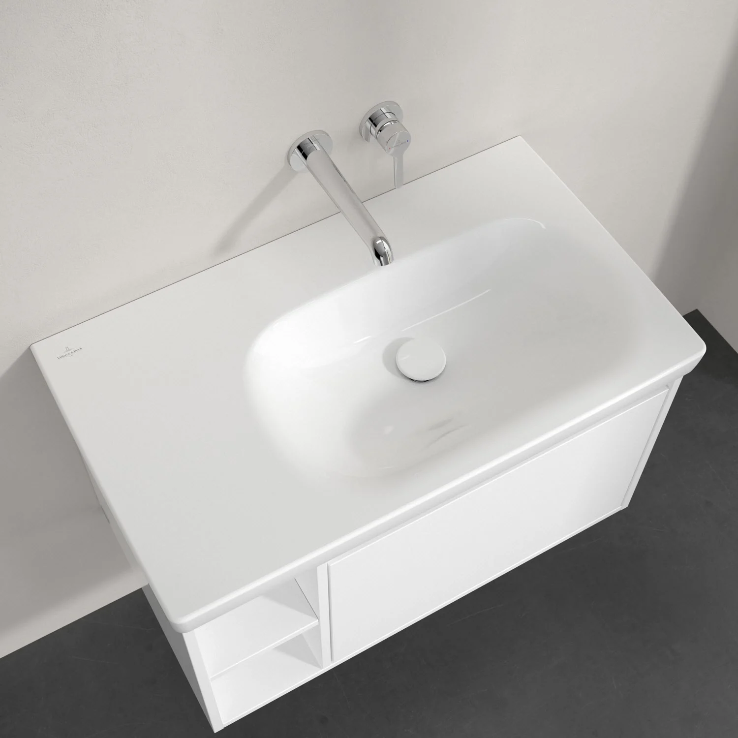 Biała umywalka z baterią ścienną z góry, Villeroy & Boch