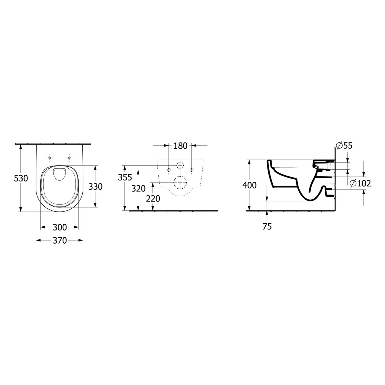 Rysunek techniczny toalety z wymiarami, Villeroy & Boch