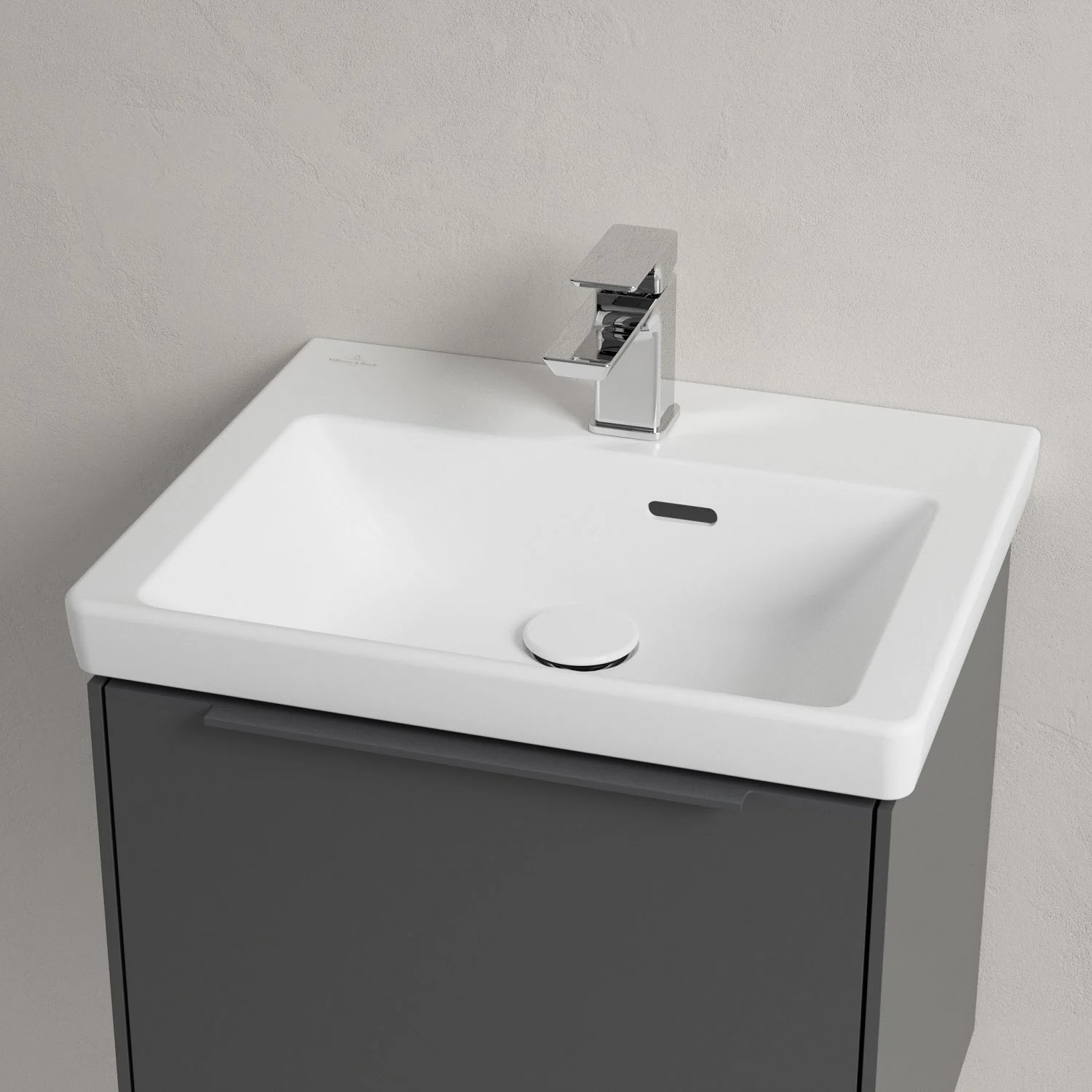 Umywalka z szarą szafką zbliżenie, Villeroy & Boch