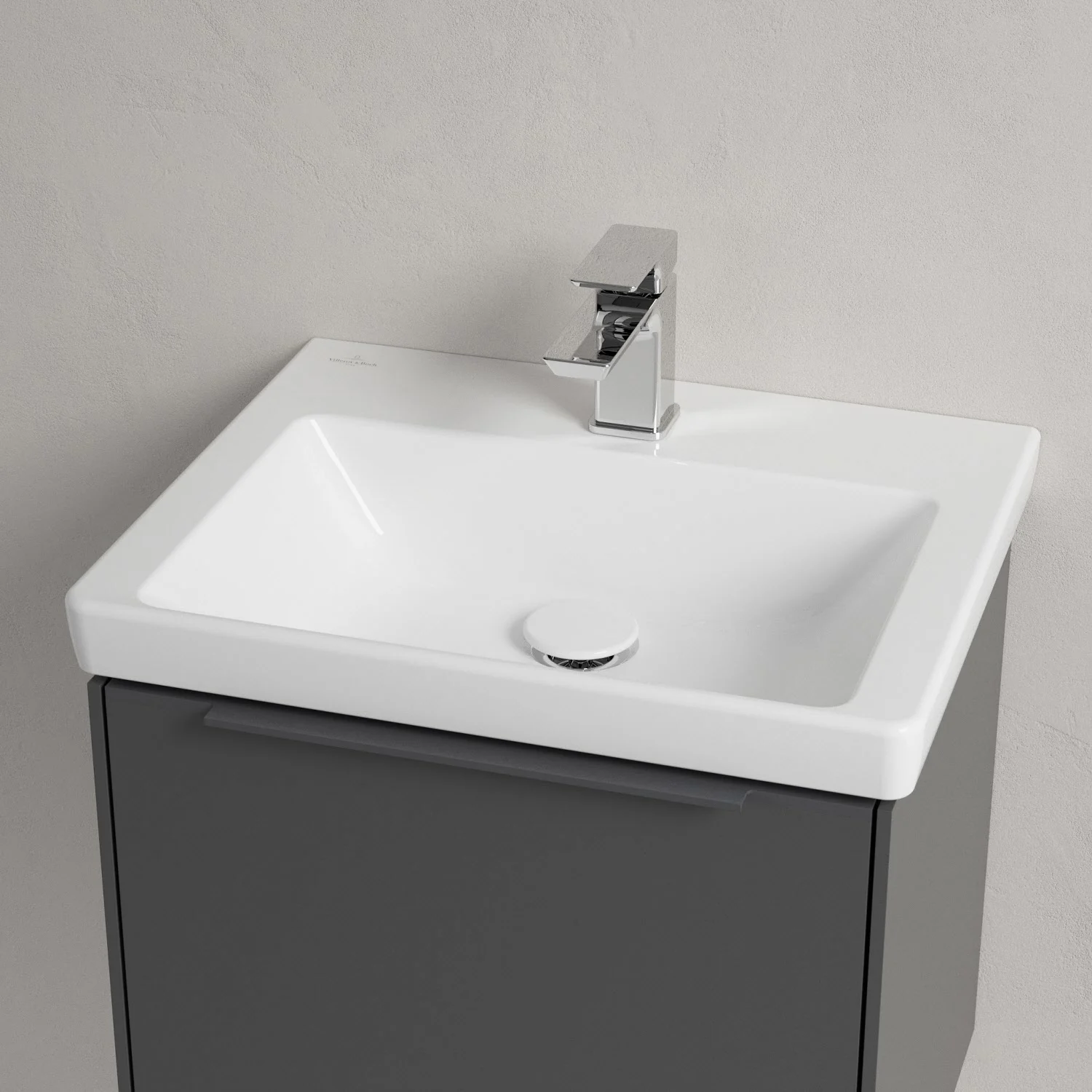 Umywalka z szarą szafką zbliżenie, Villeroy & Boch