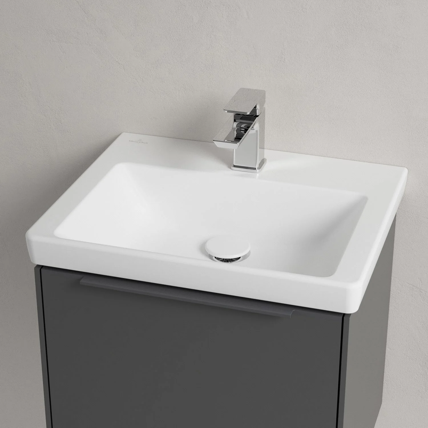 Umywalka z szarą szafką zbliżenie, Villeroy & Boch
