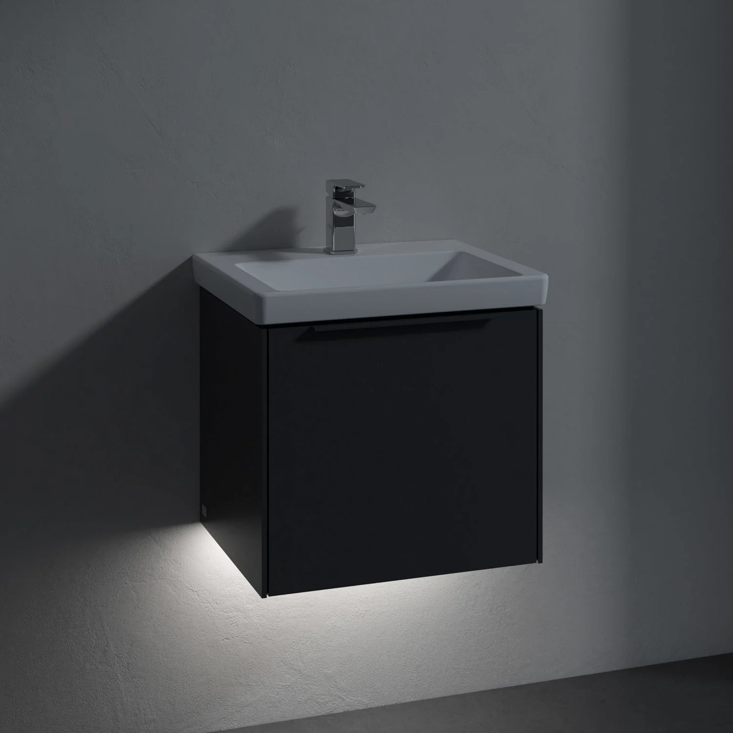 Czarna umywalka z szafką w łazience, Villeroy & Boch