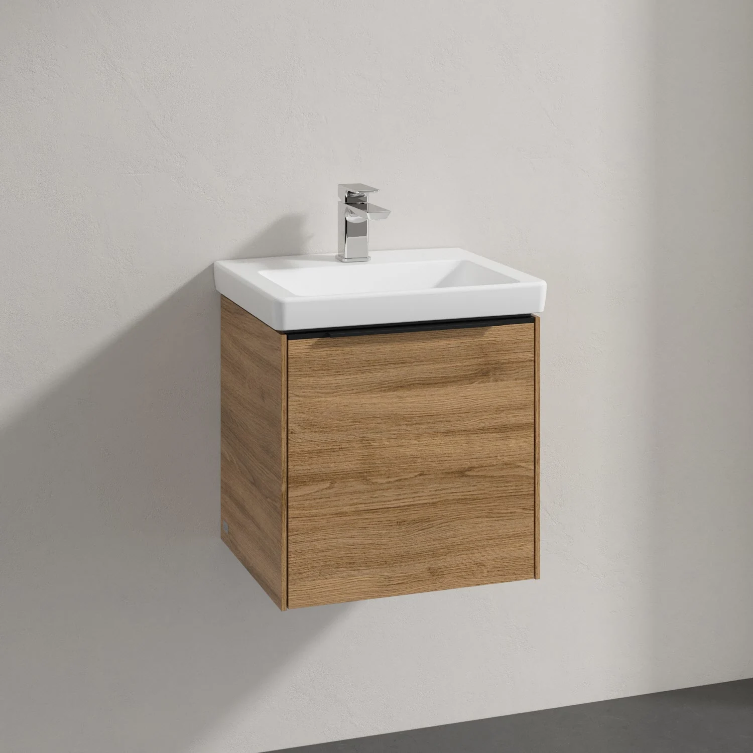 Dębowa szafka z umywalką na ścianie, Villeroy & Boch