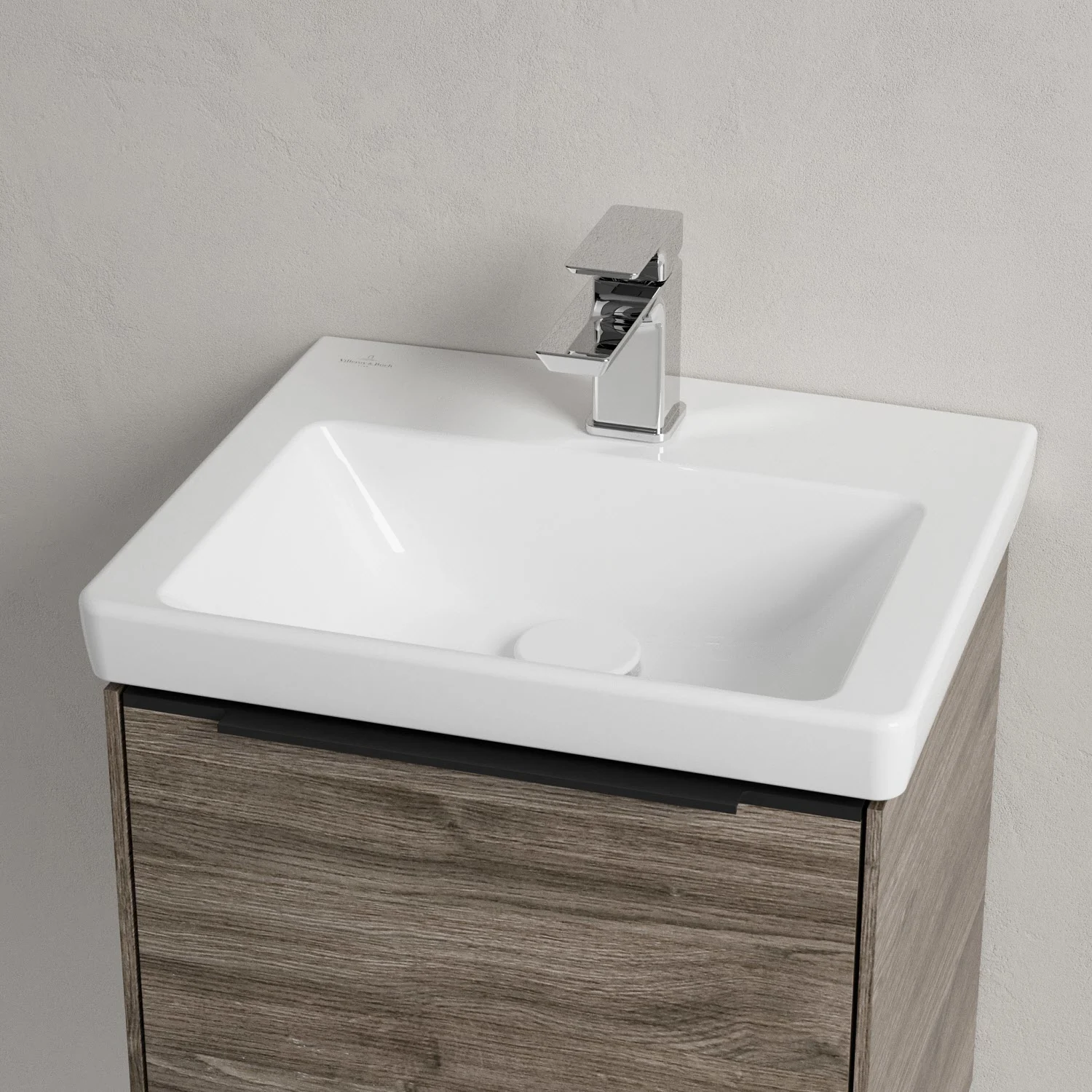 Umywalka z drewnianą szafką zbliżenie, Villeroy & Boch
