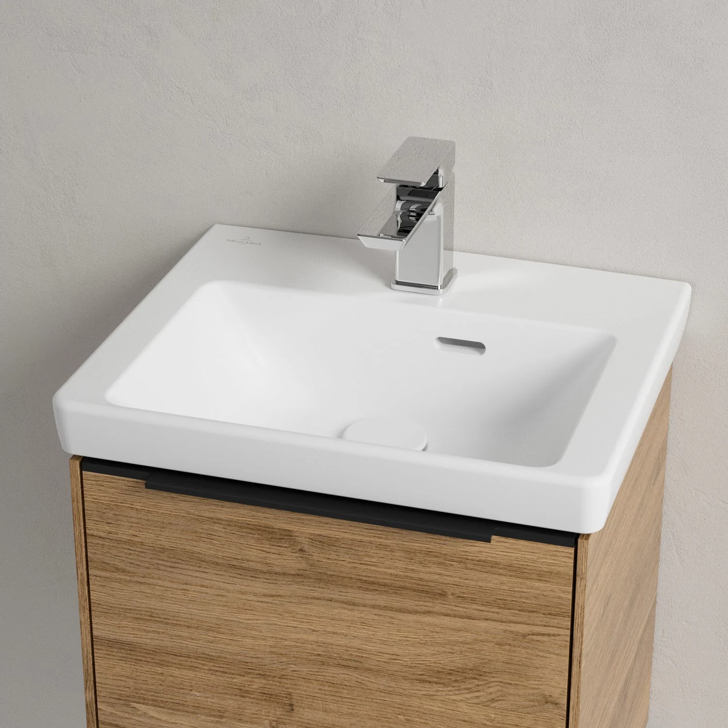 Umywalka z drewnianą szafką zbliżenie, Villeroy & Boch