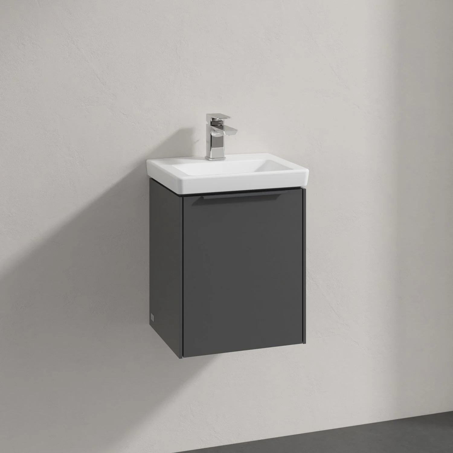 Szara szafka z umywalką w zbliżeniu, Villeroy & Boch