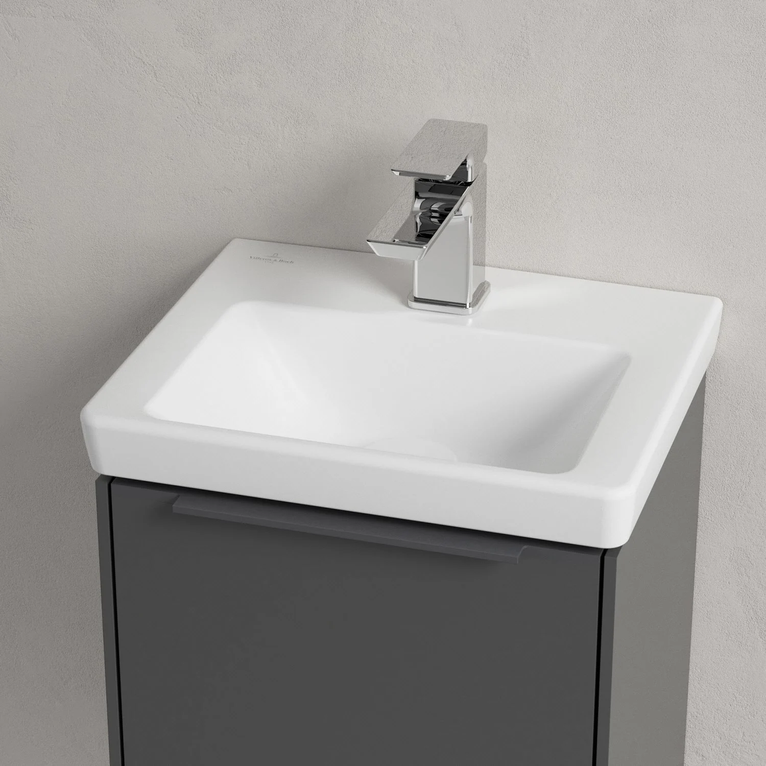 Umywalka z szarą szafką zbliżenie, Villeroy & Boch