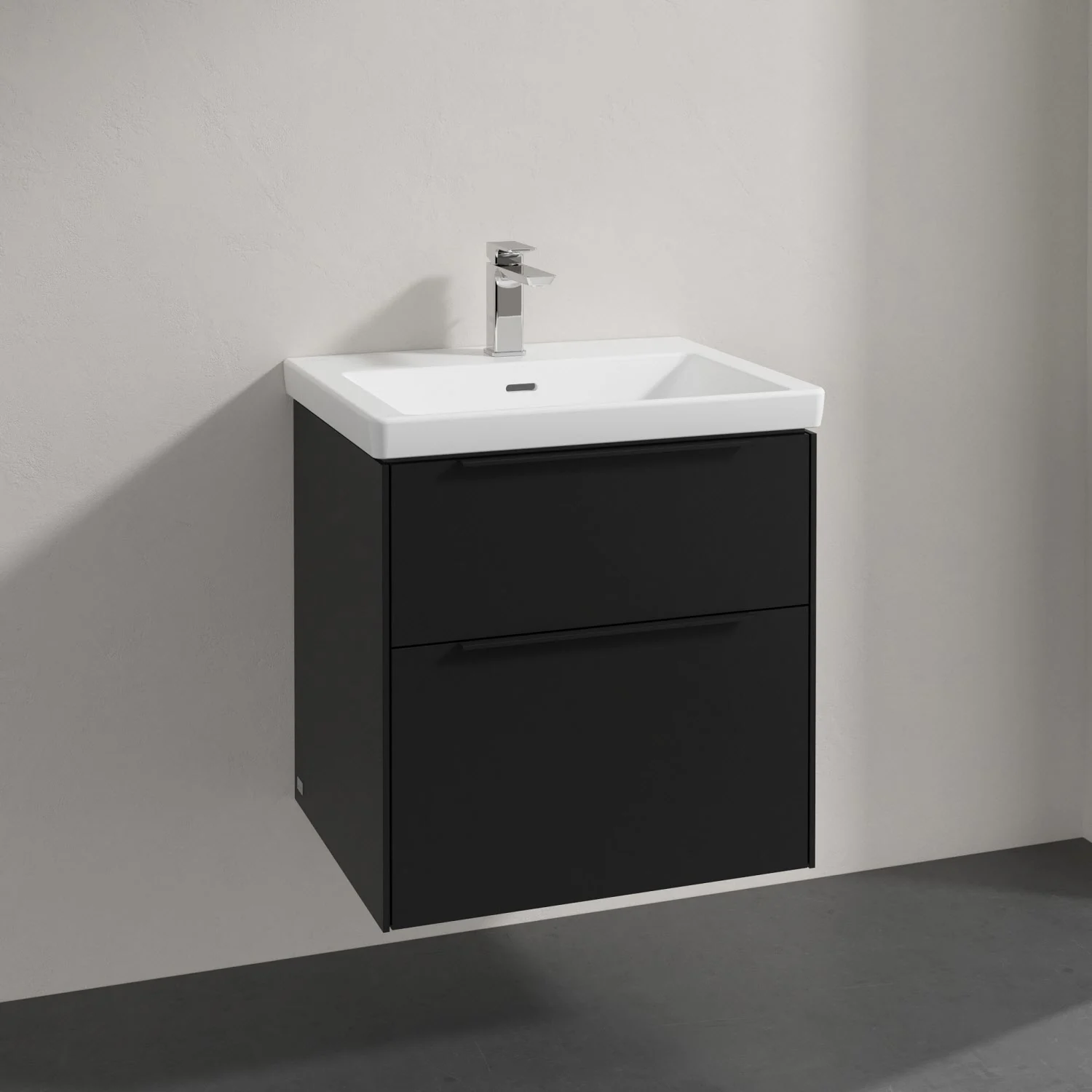 Czarna umywalka z szafką zbliżenie, Villeroy & Boch