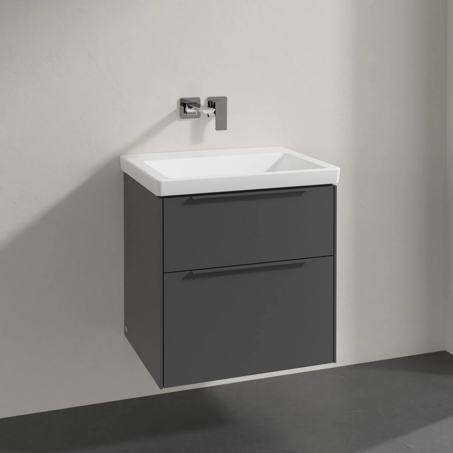 Szara umywalka z szufladami w zbliżeniu, Villeroy & Boch