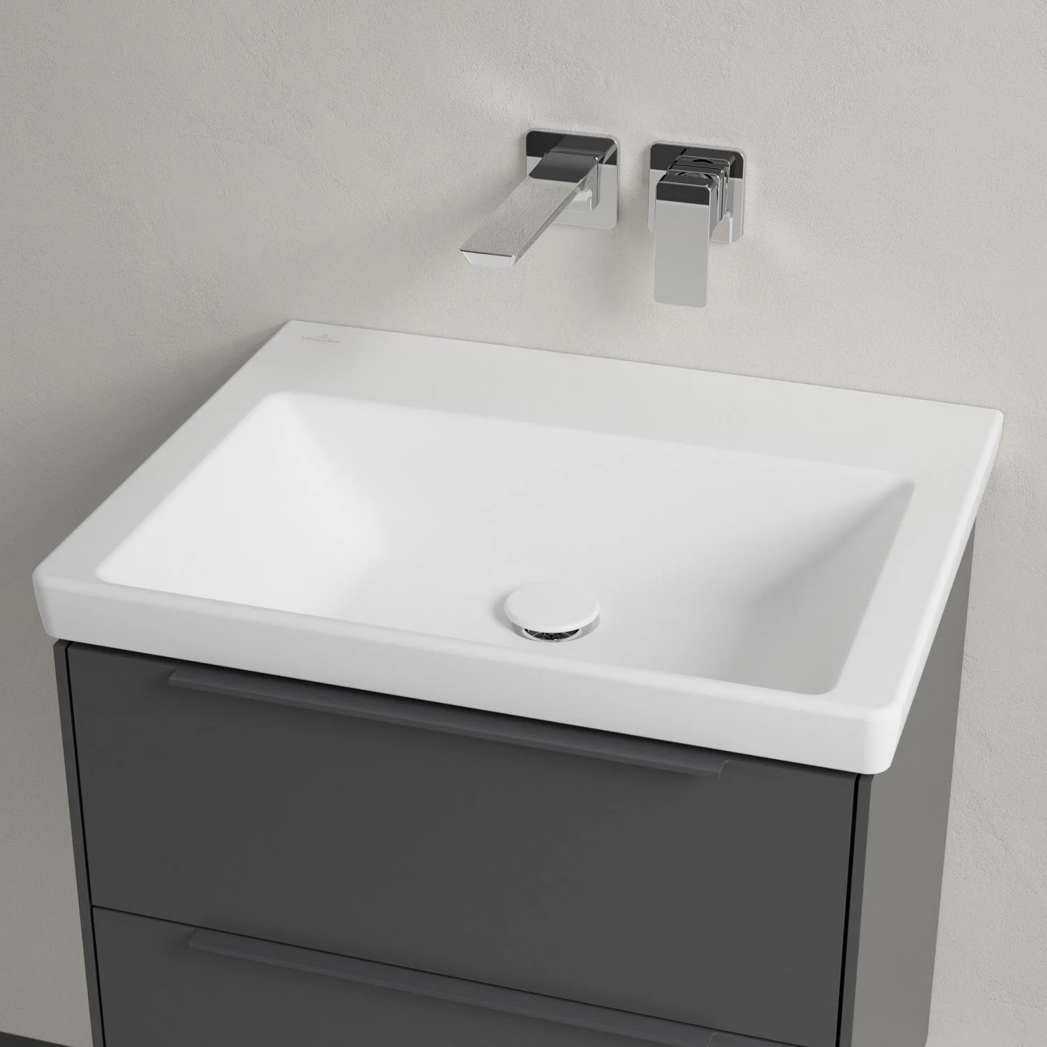 Umywalka z szarą szafką i baterią ścienną, Villeroy & Boch