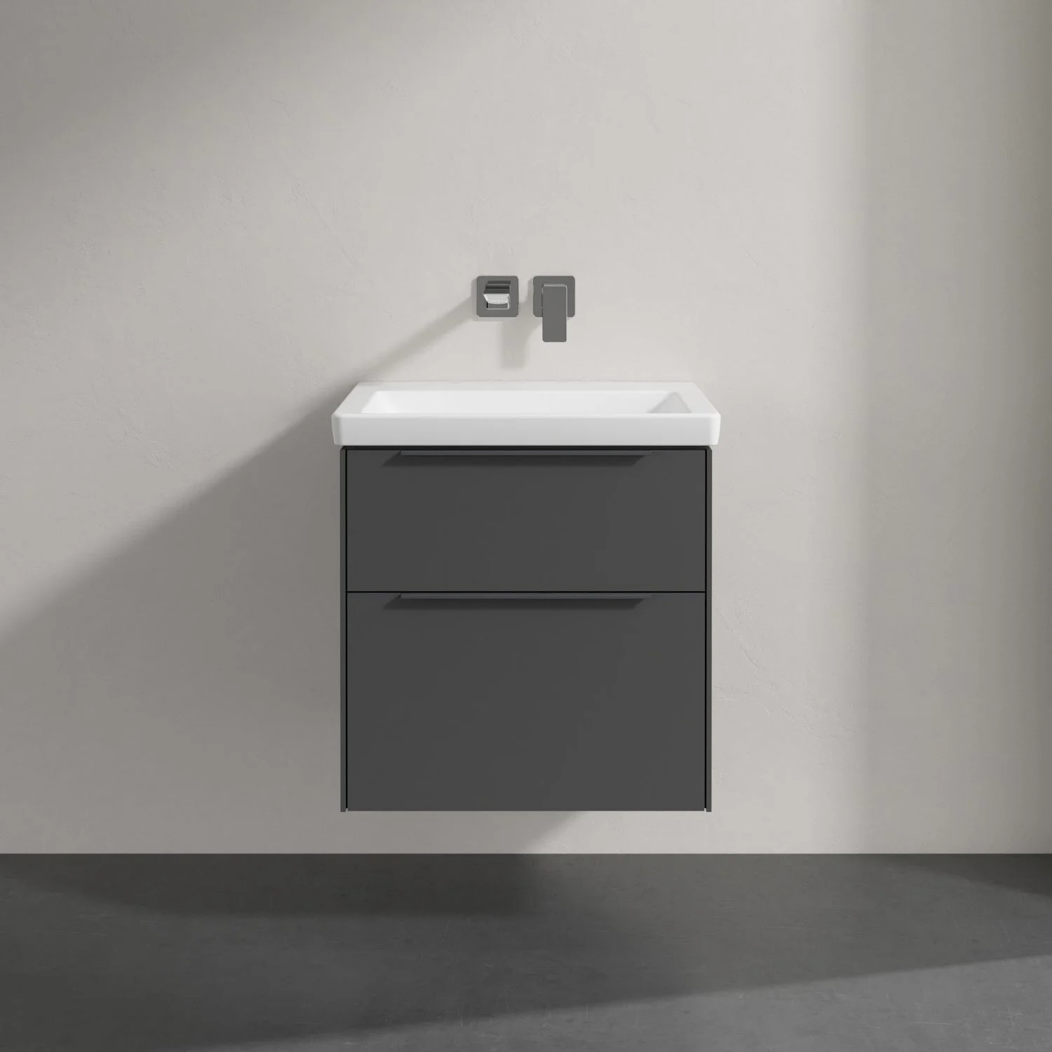 Umywalka z szarą szafką z bliska, Villeroy & Boch