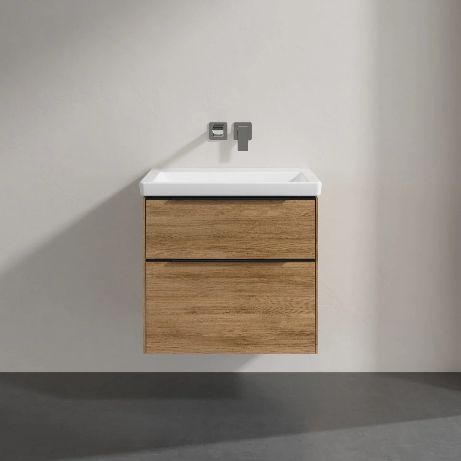 Umywalka z drewnianymi szufladami i baterią ścienną, Villeroy & Boch