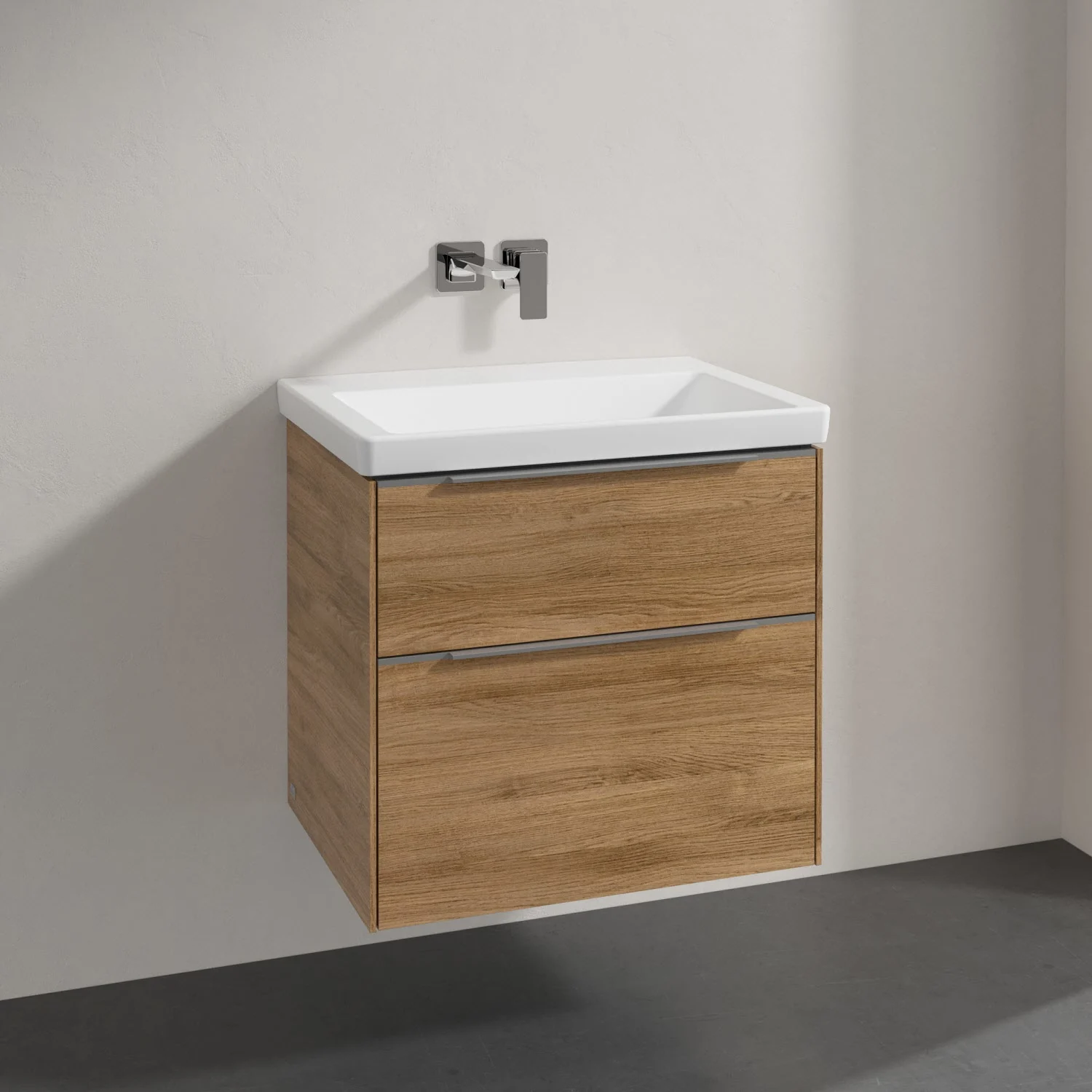 Umywalka z jasną drewnianą szafką z bliska, Villeroy & Boch