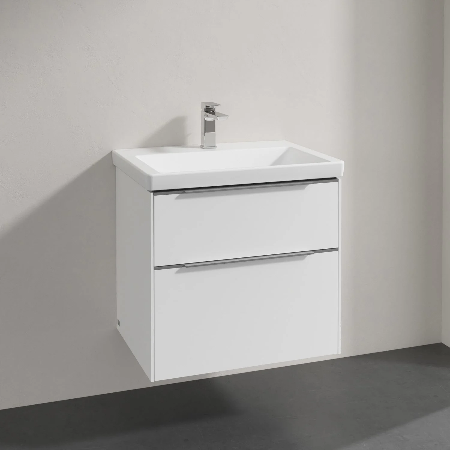 Biała umywalka z szafką w zbliżeniu, Villeroy & Boch