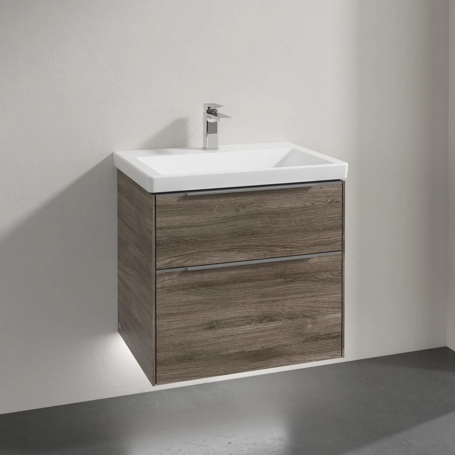 Umywalka w drewnianym stylu z szafką zbliżenie, Villeroy & Boch