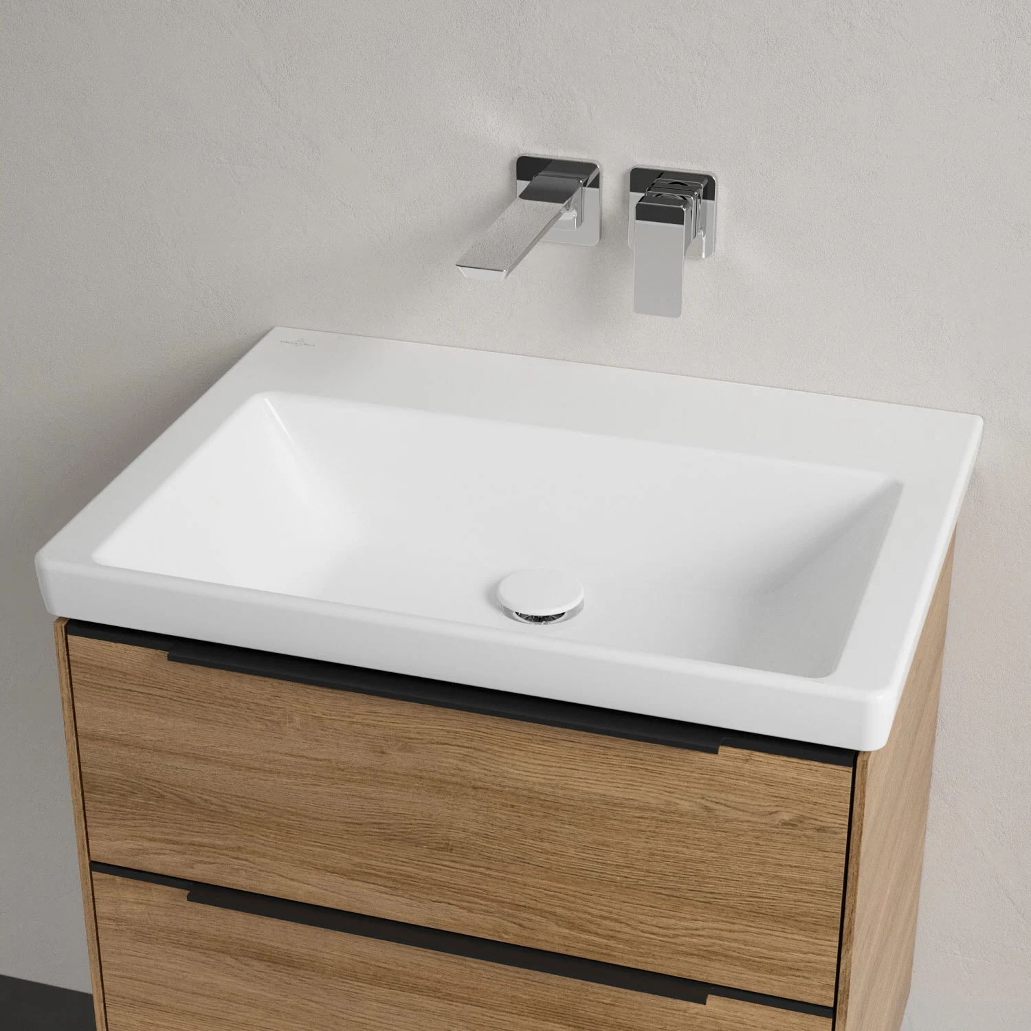 Umywalka z drewnianą szafką i baterią ścienną, Villeroy & Boch