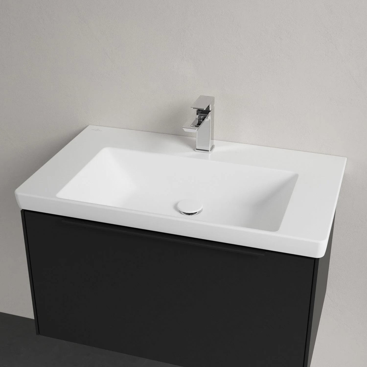 Umywalka z czarną szafką i baterią, Villeroy & Boch