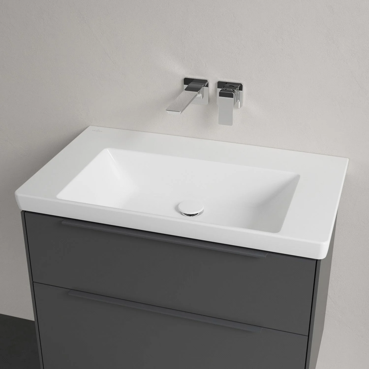 Szara umywalka z baterią ścienną zbliżenie, Villeroy & Boch