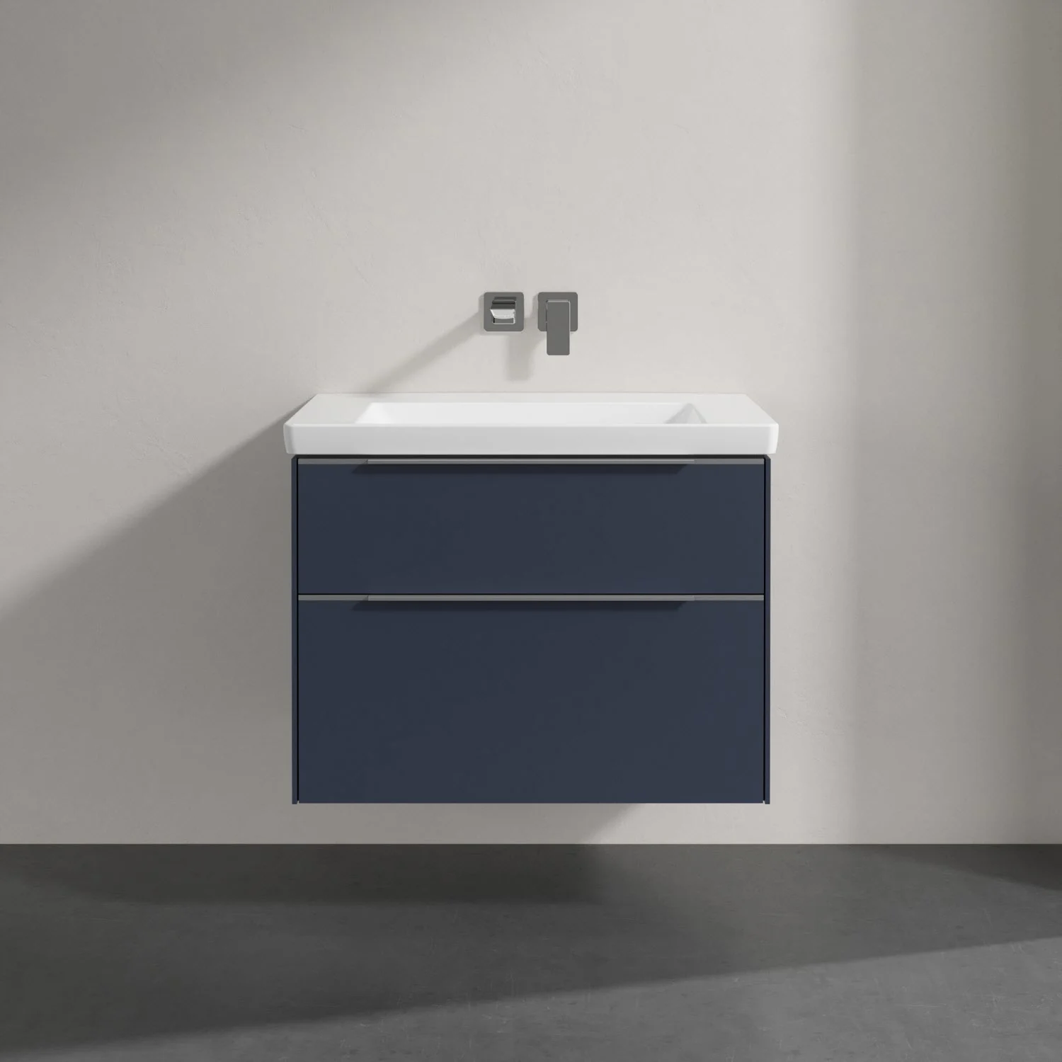 Niebieska umywalka z szufladami w zbliżeniu, Villeroy & Boch