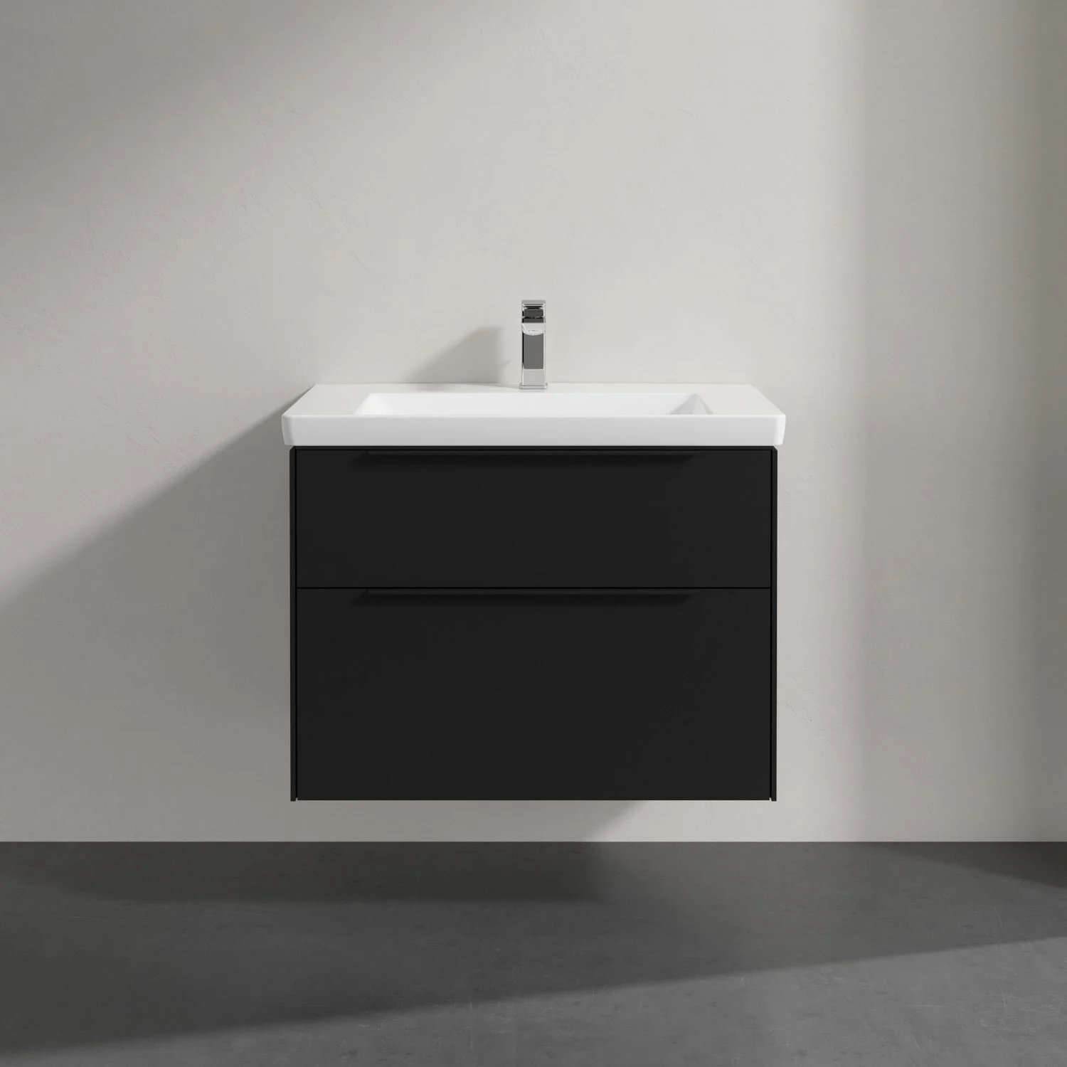 Czarna umywalka z szafką zbliżenie, Villeroy & Boch