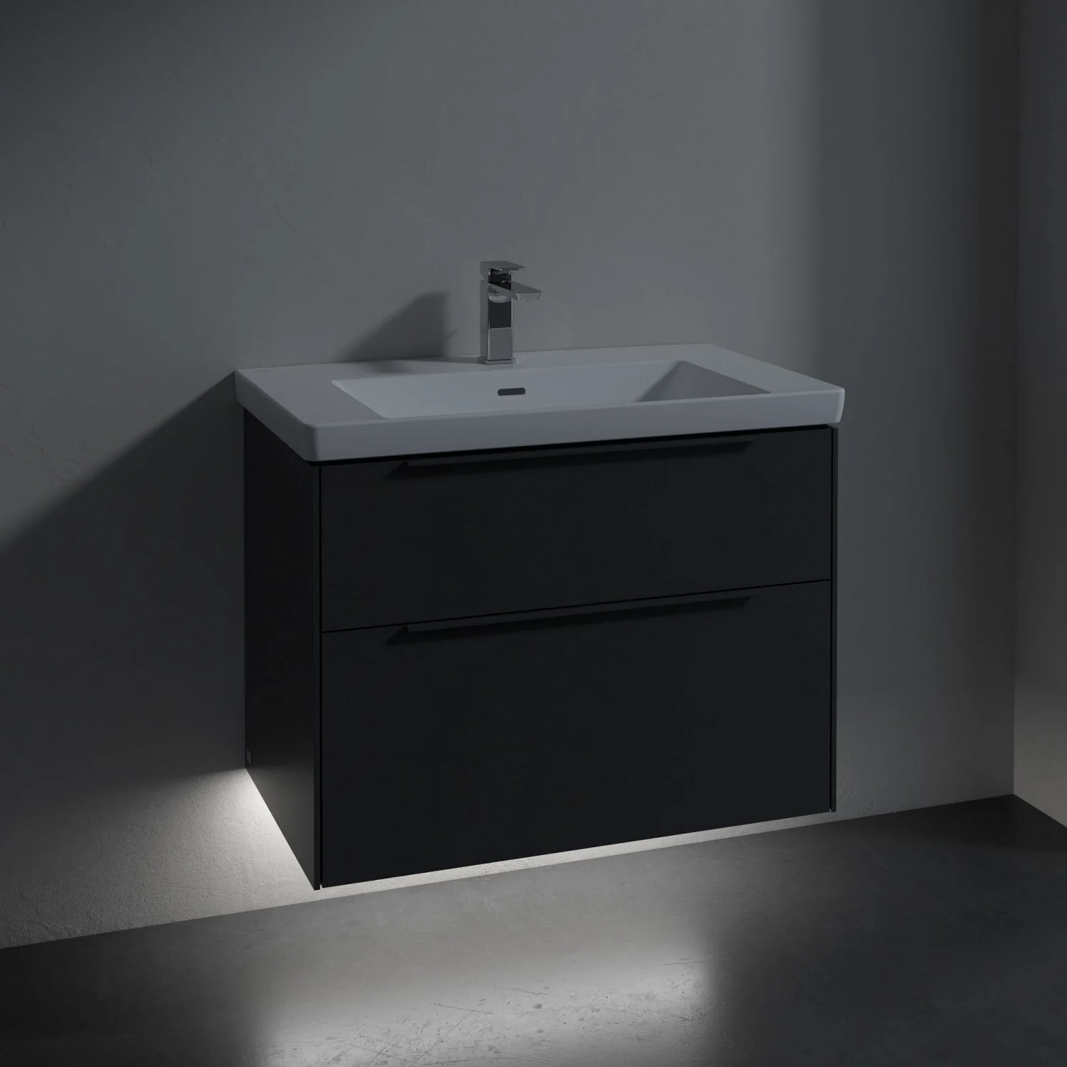 Umywalka z szafką w ciemnej łazience, Villeroy & Boch