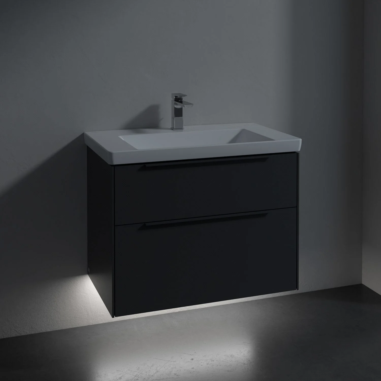 Umywalka z szafką w ciemnej łazience, Villeroy & Boch