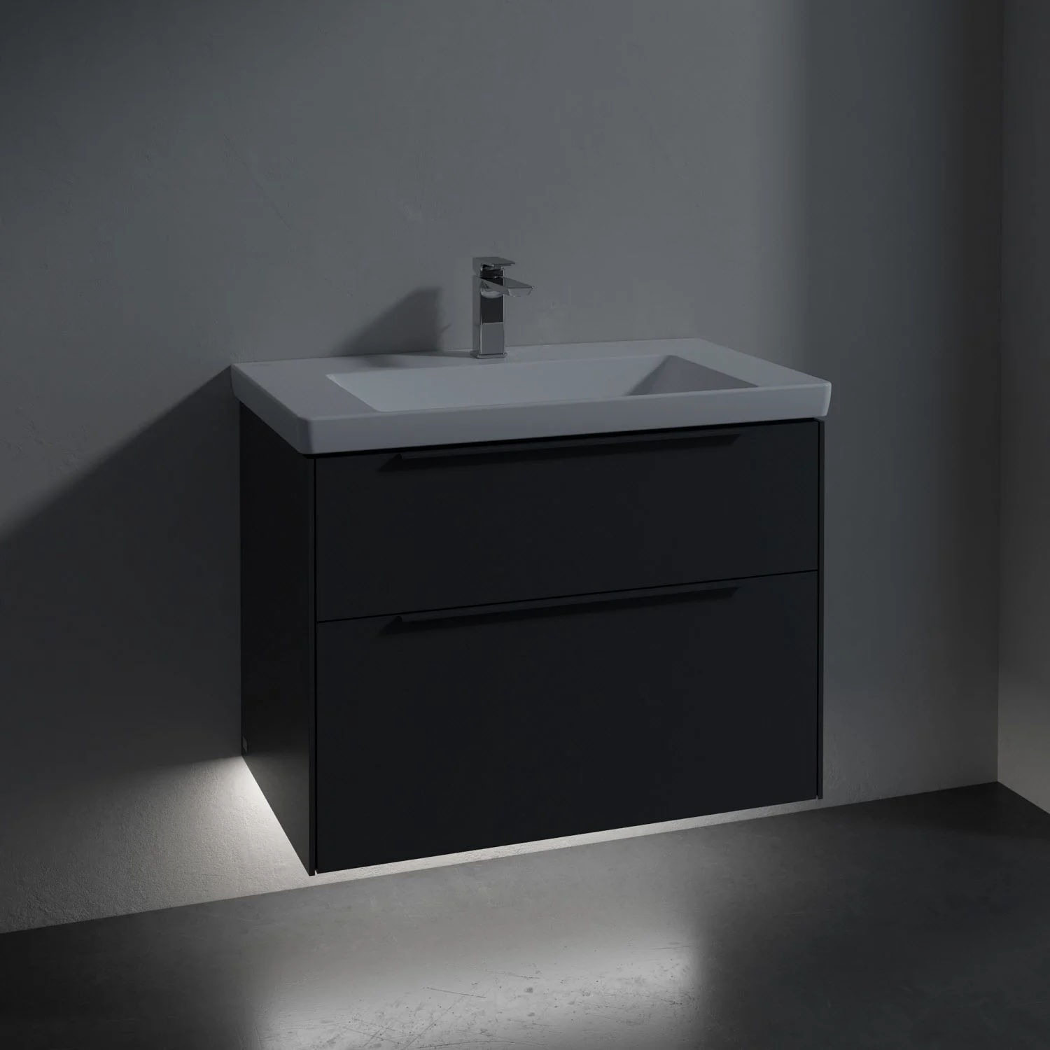 Umywalka z szafką w ciemnej łazience, Villeroy & Boch