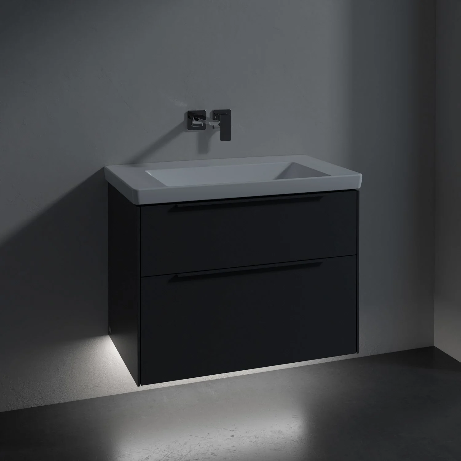 Umywalka z szafką w ciemnej łazience, Villeroy & Boch