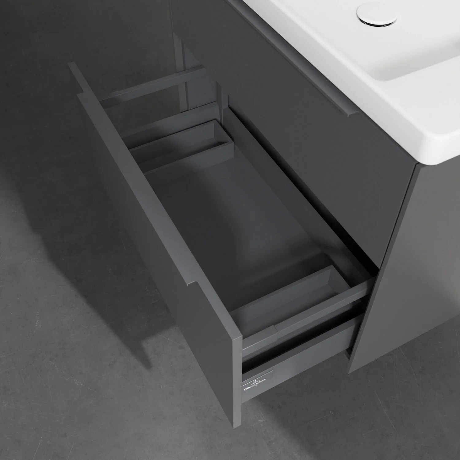 Szara szafka umywalkowa z otwartą szufladą, Villeroy & Boch