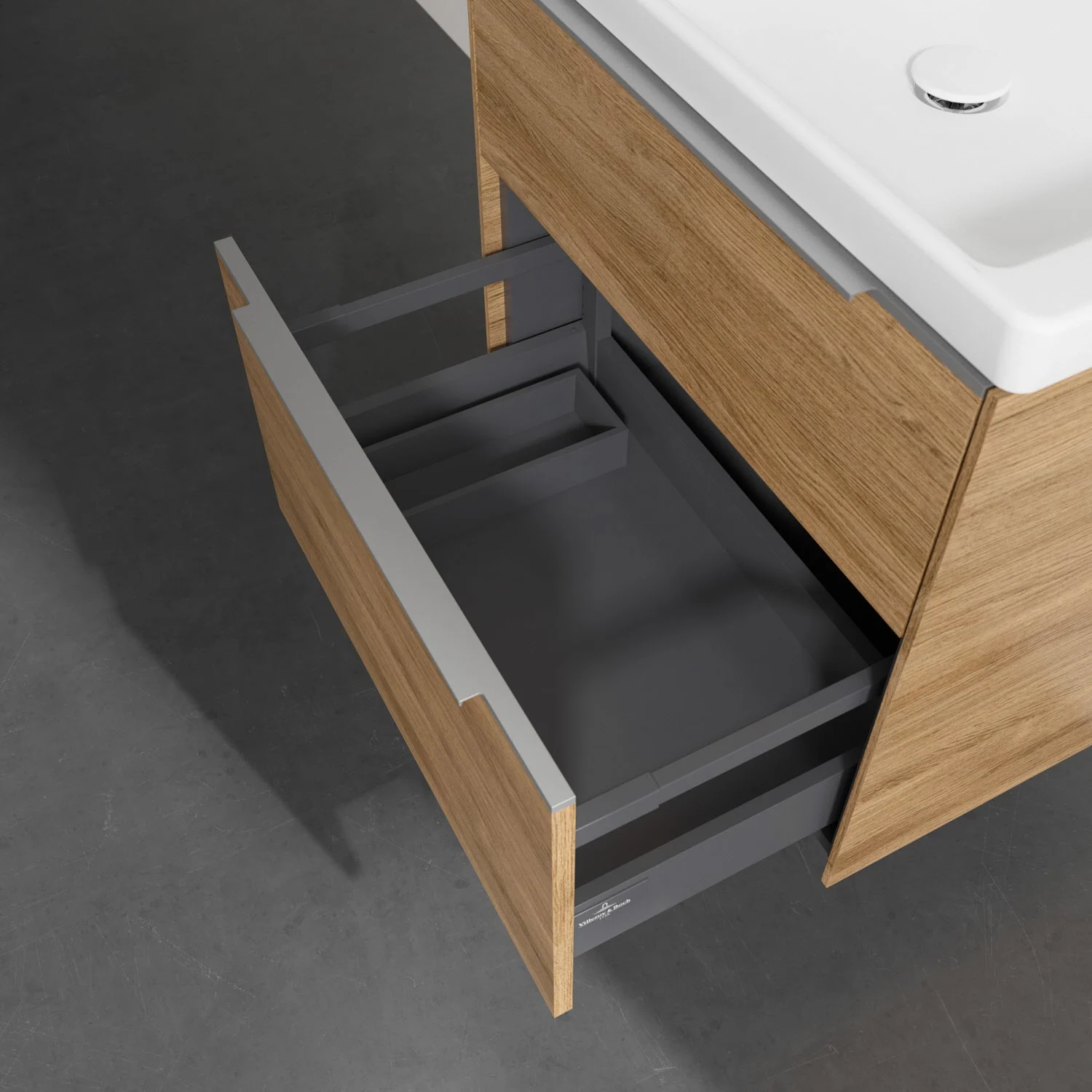 Szafka pod umywalkę w drewnianym wyglądzie z otwartą szufladą, Villeroy & Boch