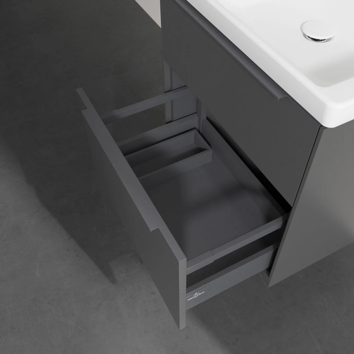 Zbliżenie na szarą szufladę umywalki, Villeroy & Boch