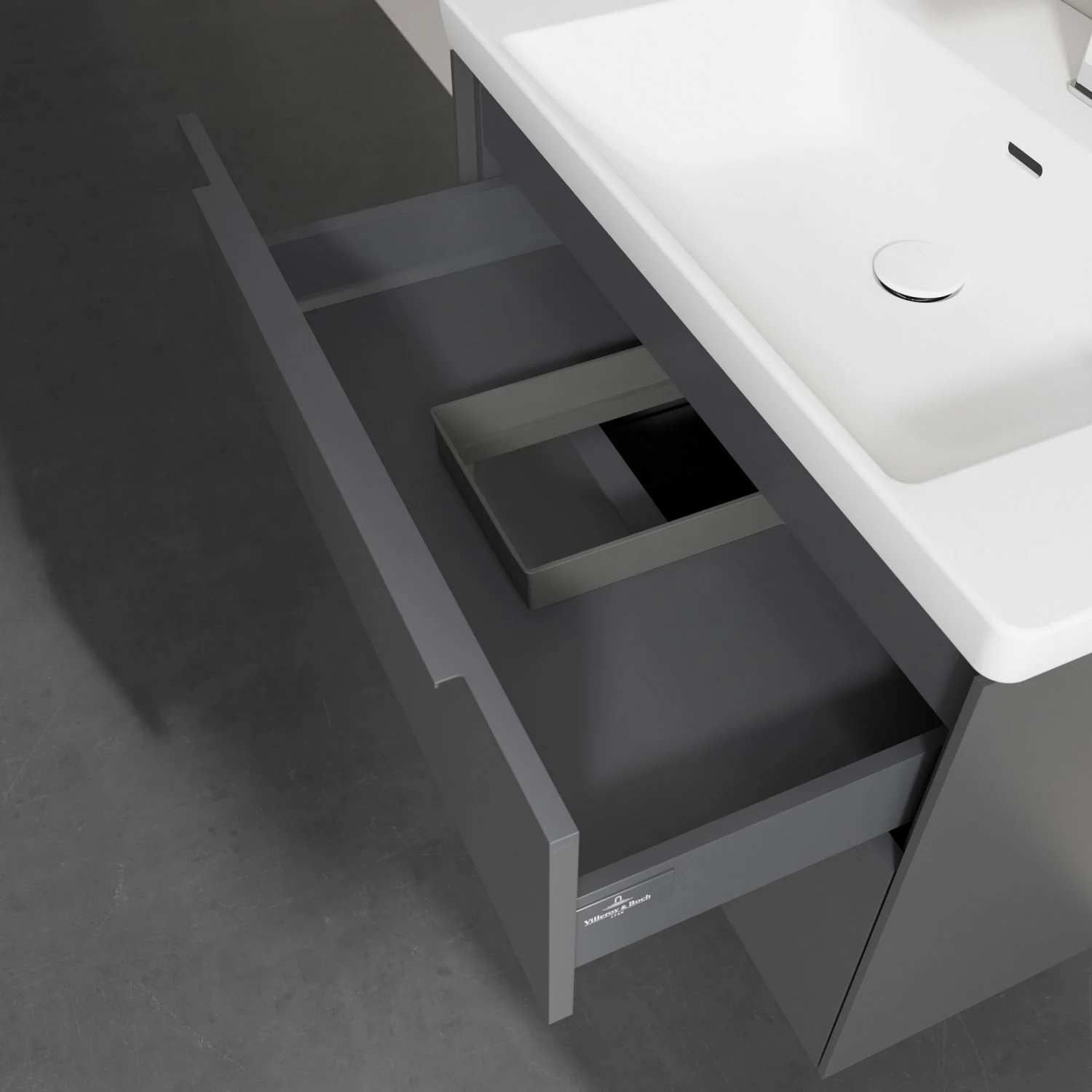 Szara umywalka z otwartą szufladą, Villeroy & Boch
