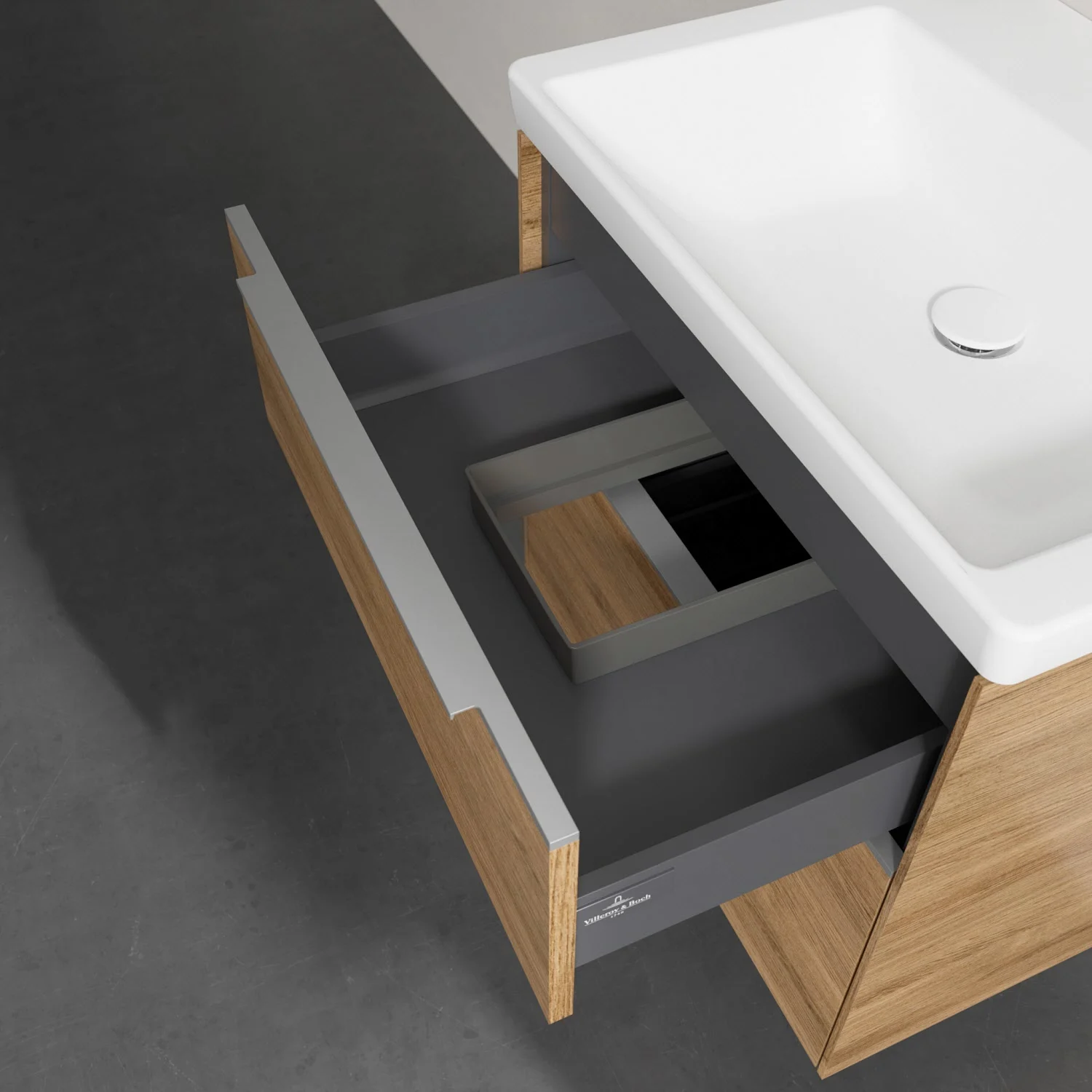 Umywalka z otwartą szufladą zbliżenie, Villeroy & Boch