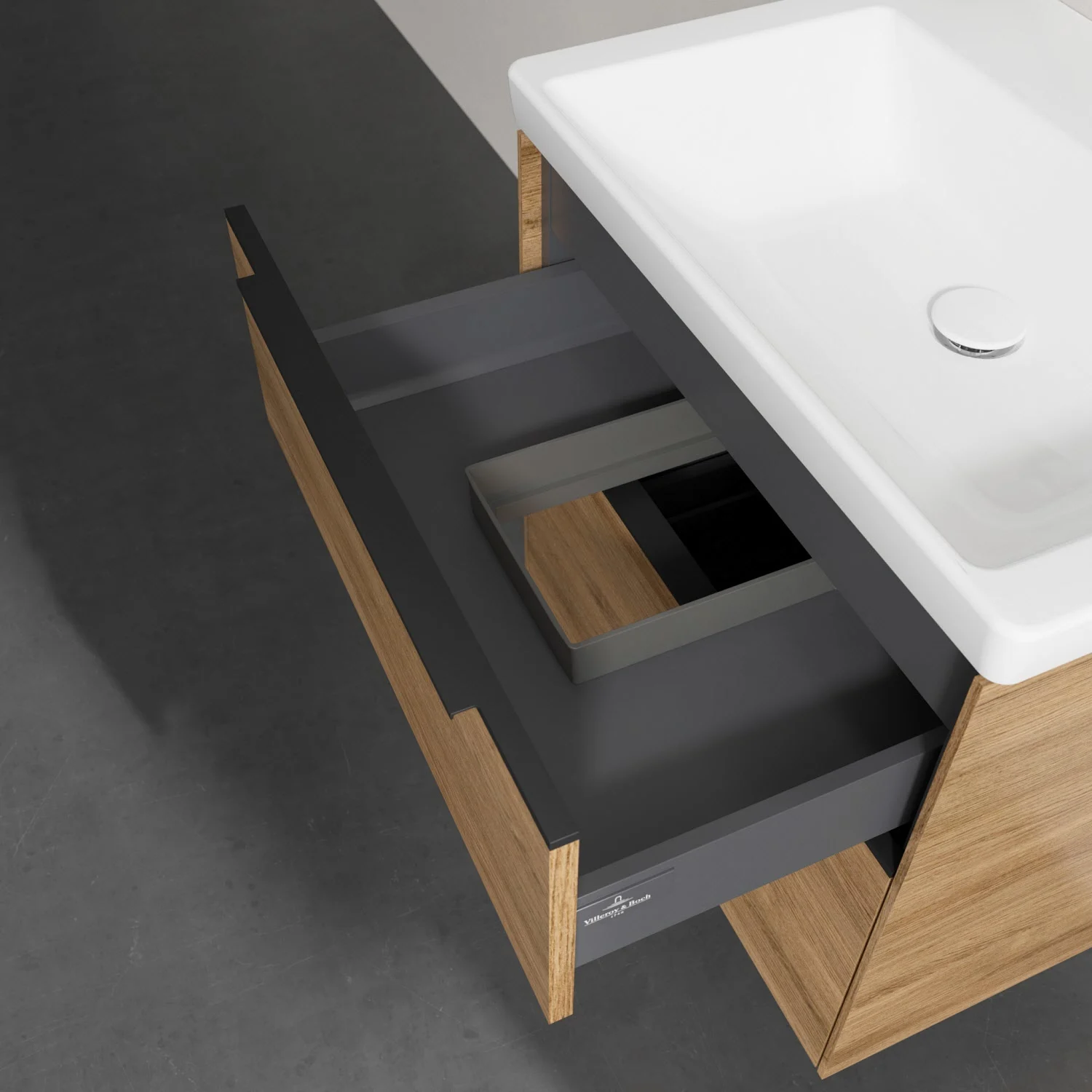 Umywalka z otwartą szufladą z bliska, Villeroy & Boch