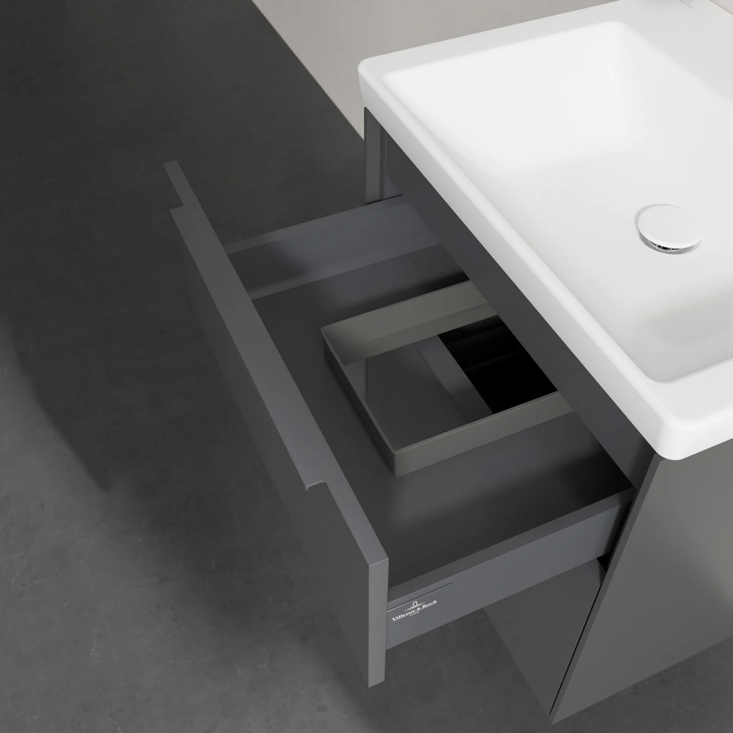 Szara umywalka z otwartą szufladą zbliżenie, Villeroy & Boch
