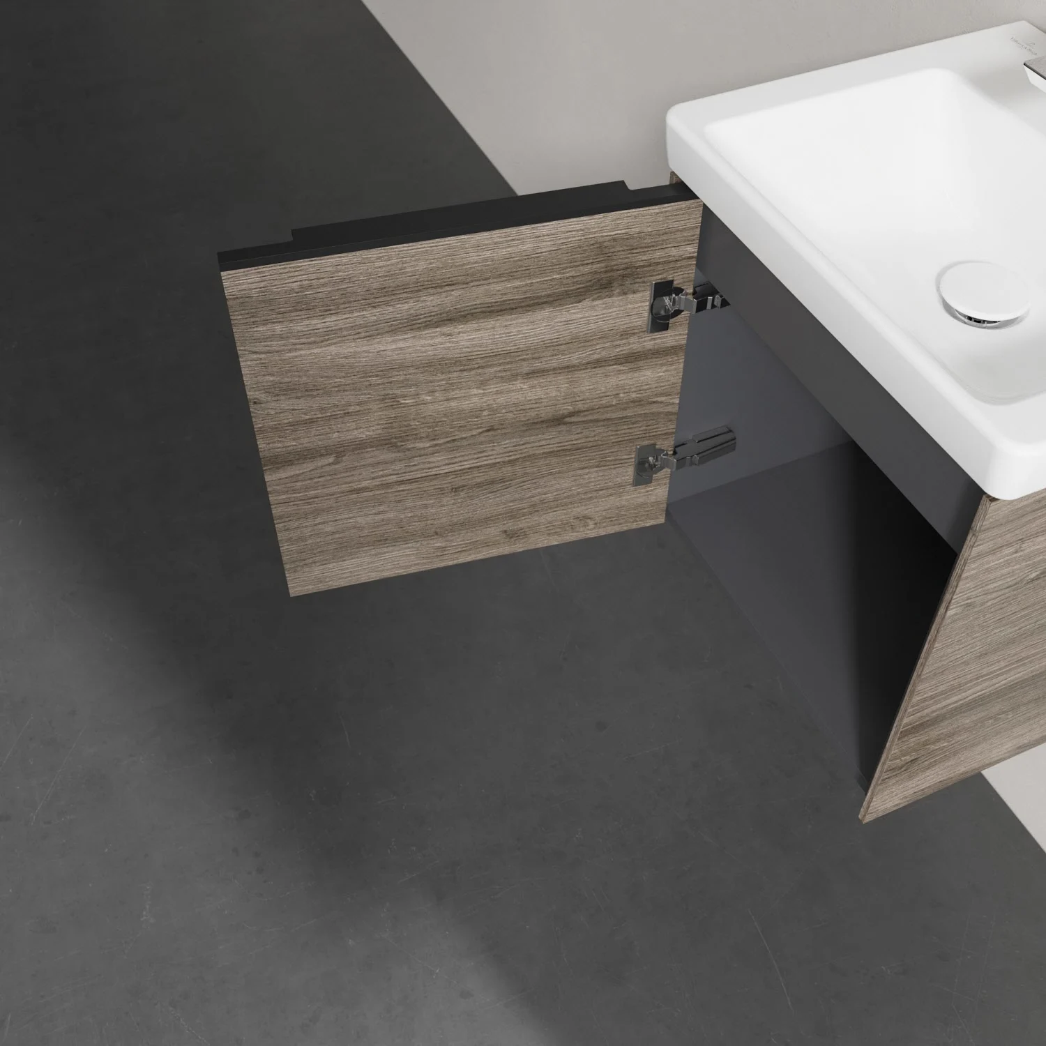 Umywalka z szafką w drewnianym wyglądzie zbliżenie, Villeroy & Boch