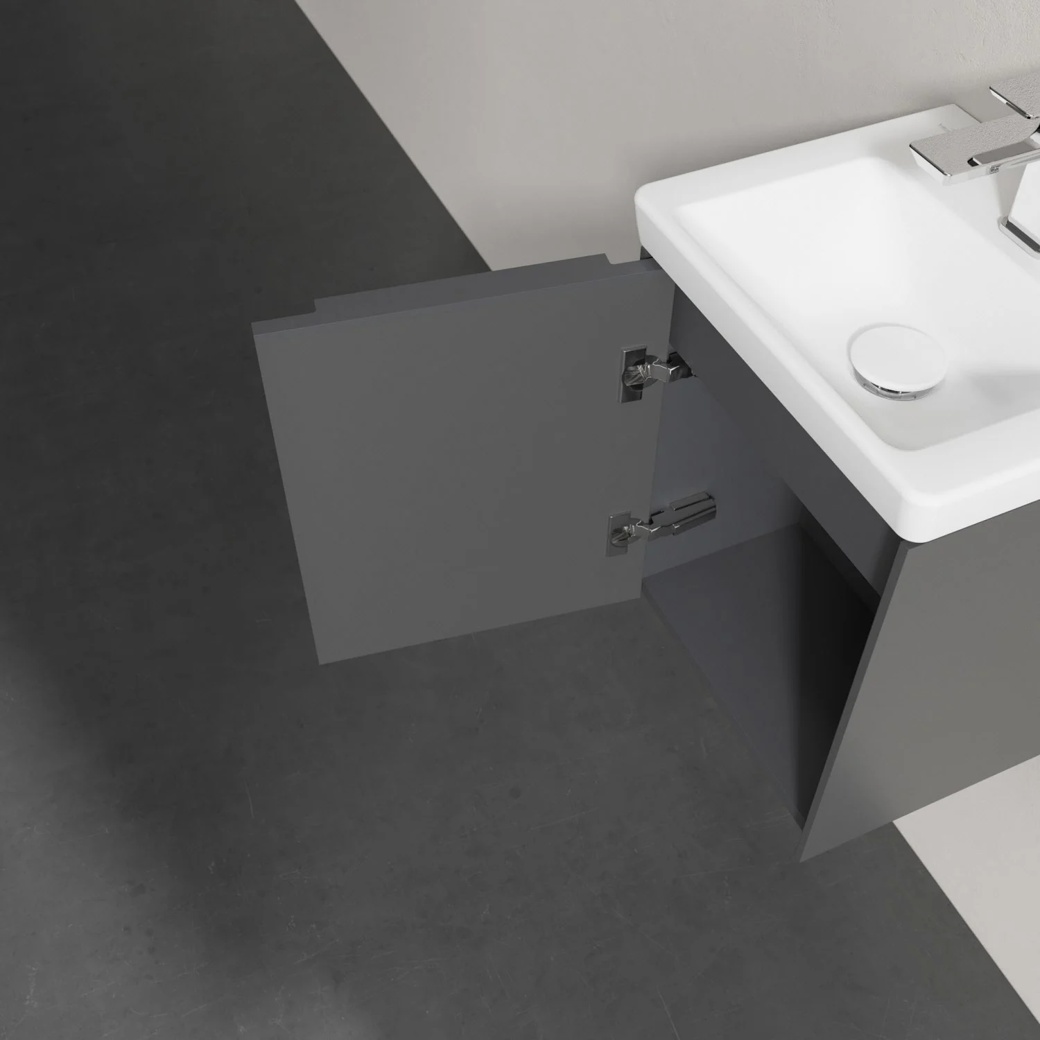 Umywalka z otwartą szafką z bliska, Villeroy & Boch