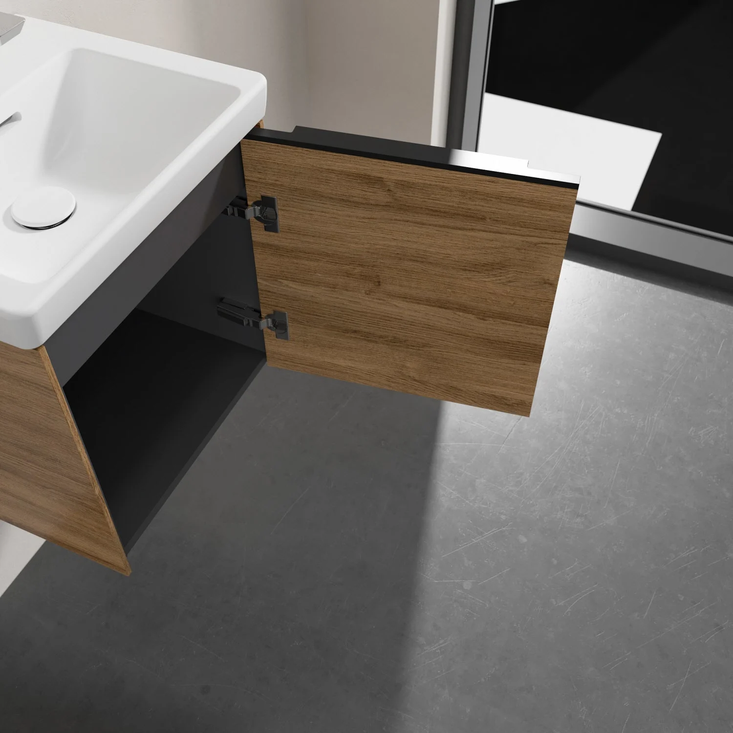 Szafka pod umywalkę z drewnianymi drzwiami w łazience, Villeroy & Boch
