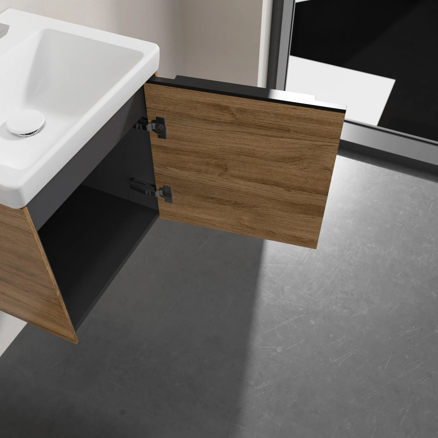 Szafka pod umywalkę z otwartymi drzwiami w łazience, Villeroy & Boch