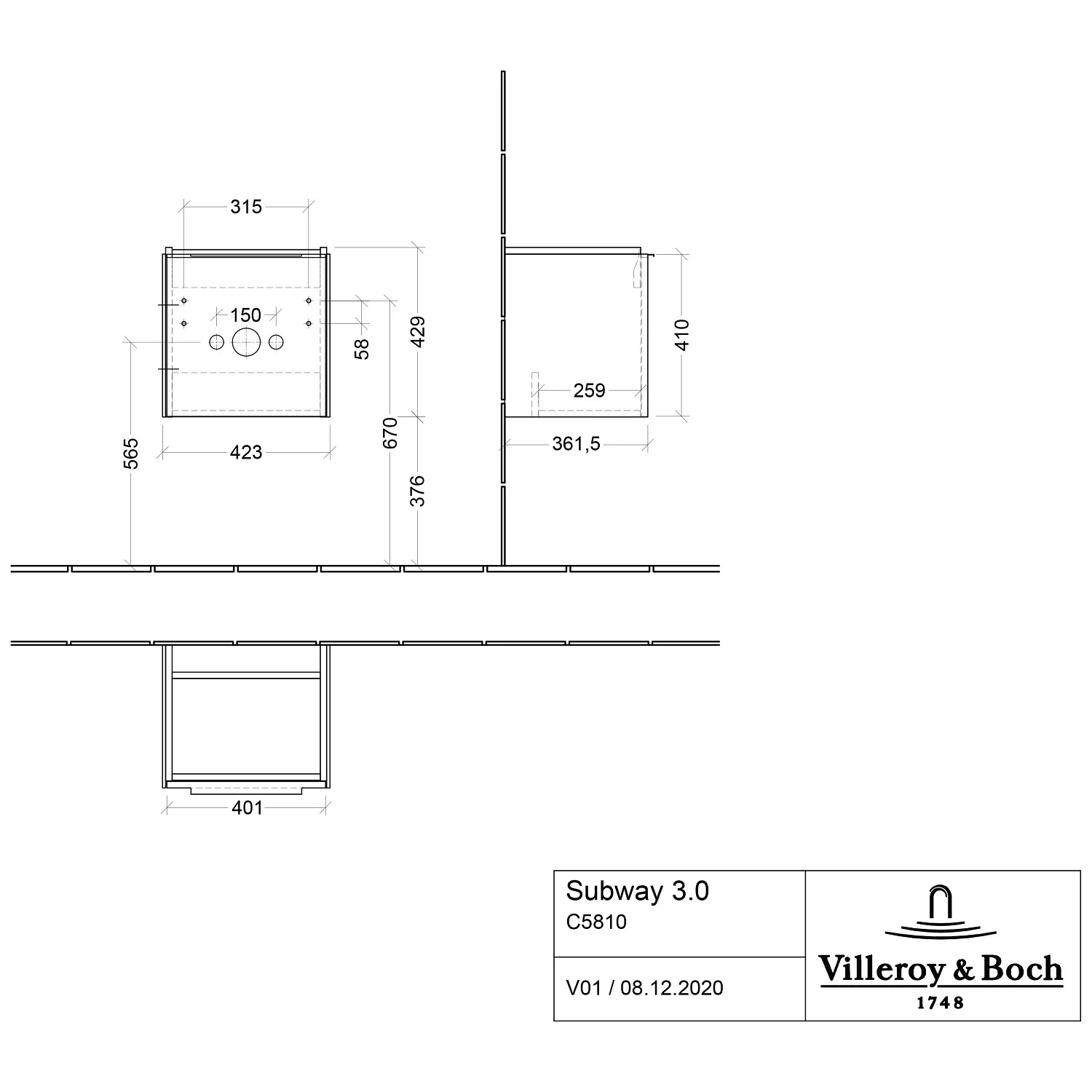 Rysunek techniczny umywalki z wymiarami, Villeroy & Boch