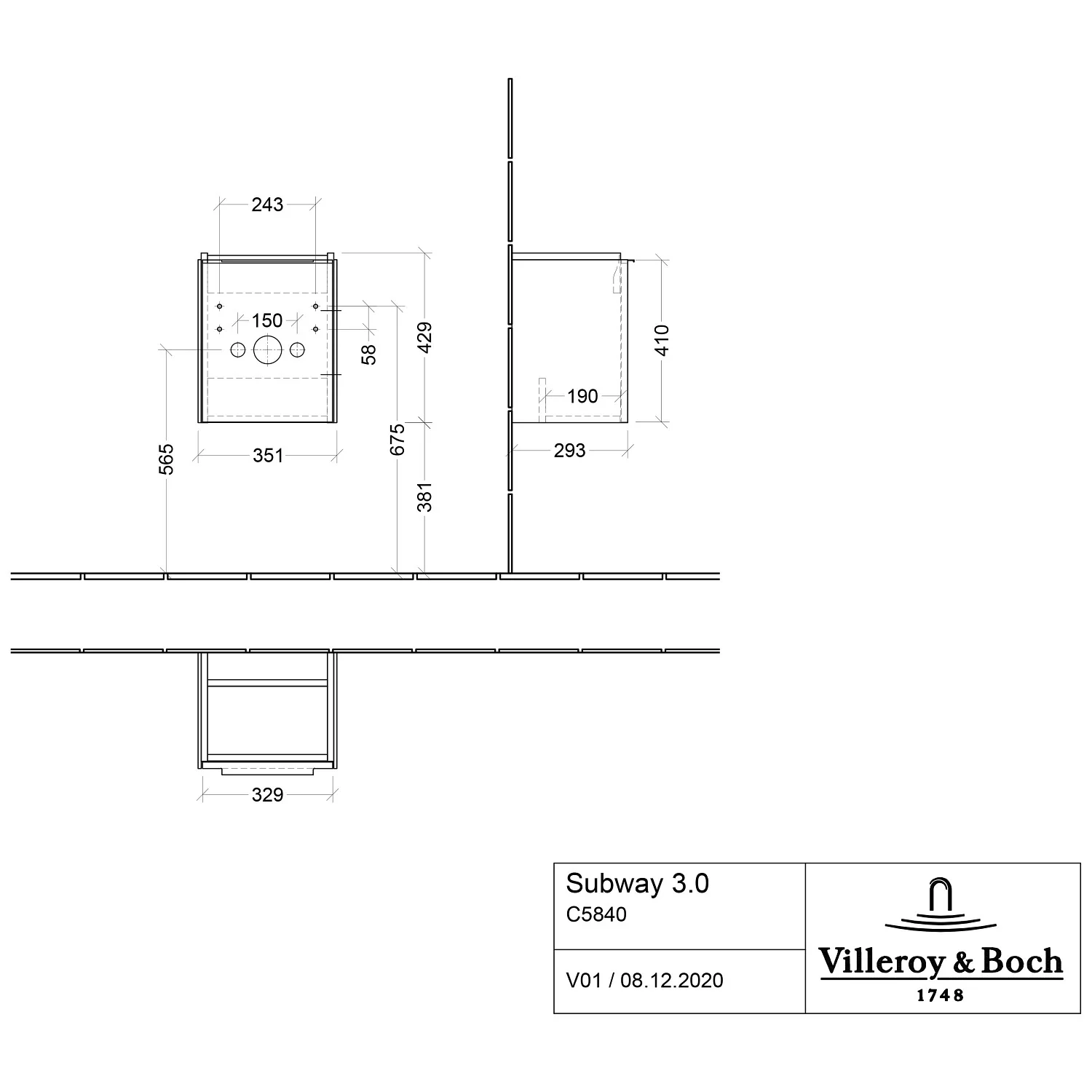 Rysunek techniczny umywalki z wymiarami, Villeroy & Boch