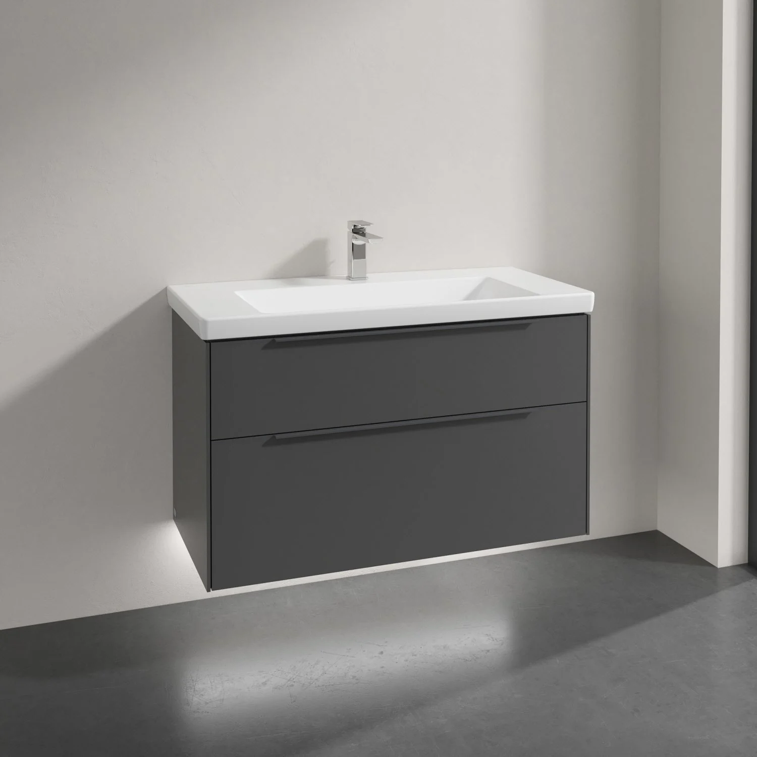 Szara umywalka z szafką zbliżenie, Villeroy & Boch