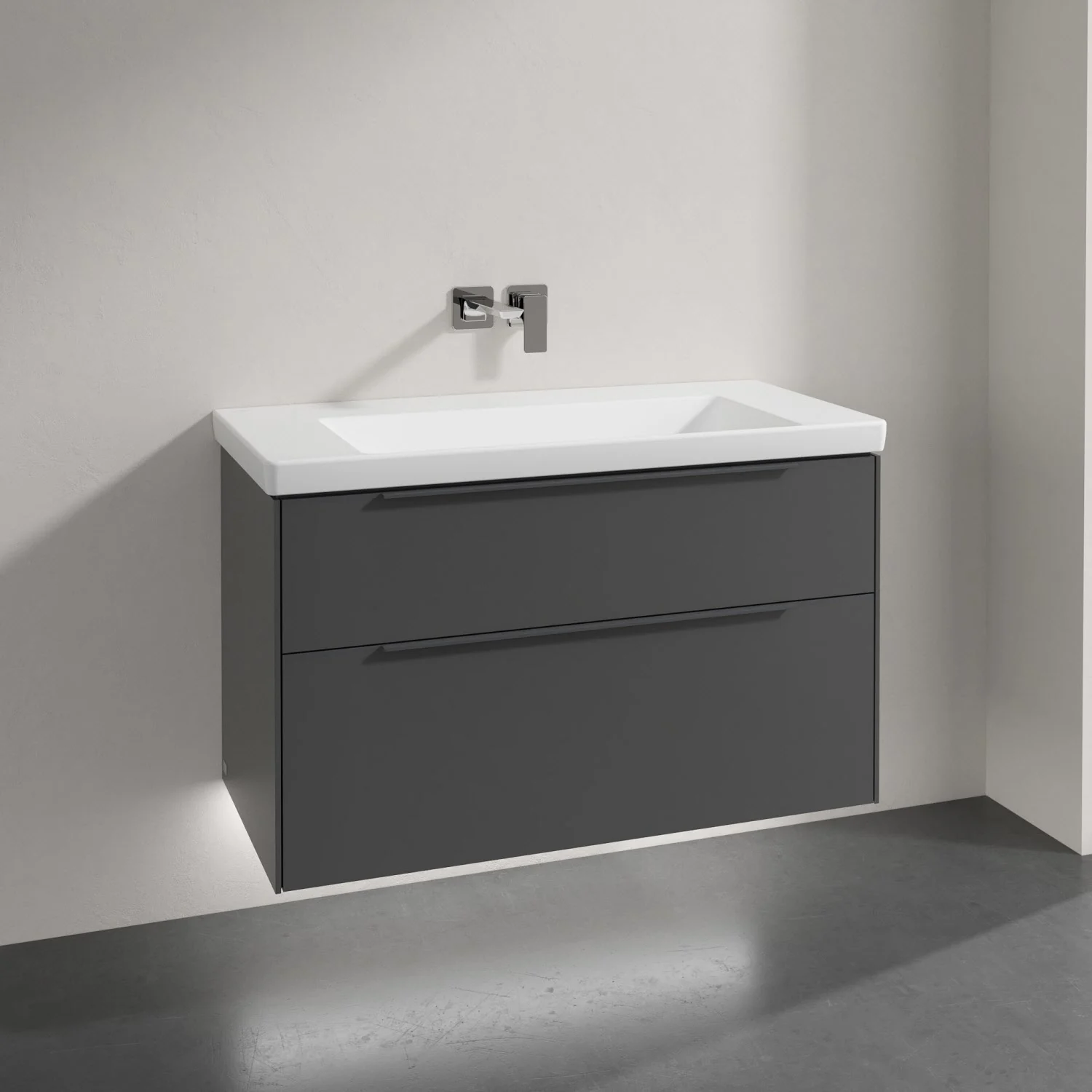 Szara umywalka z szafką zbliżenie, Villeroy & Boch
