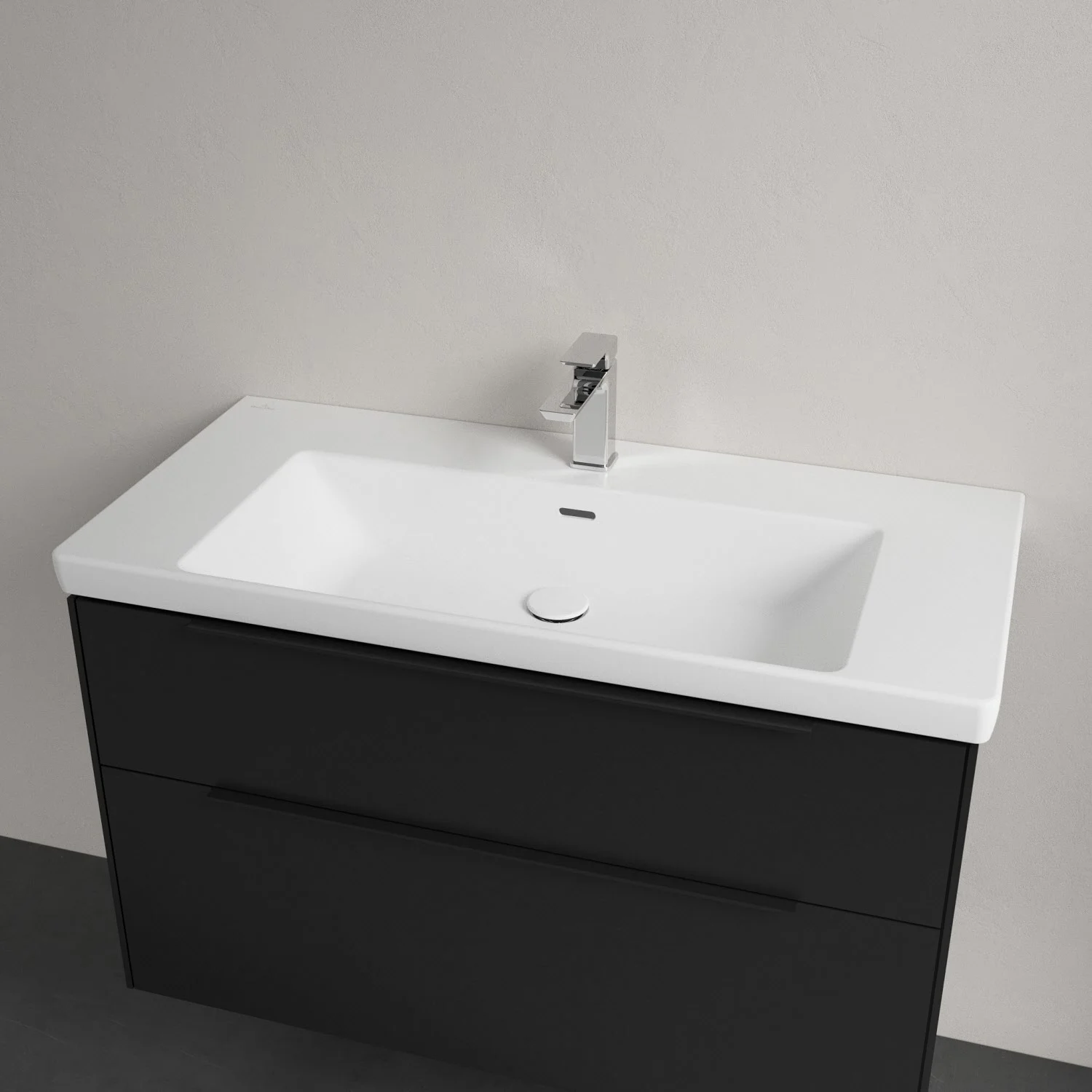 Umywalka z czarną szafką zbliżenie, Villeroy & Boch