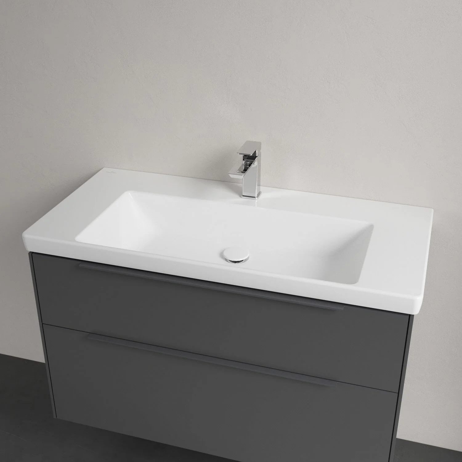 Umywalka z szarą szafką w zbliżeniu, Villeroy & Boch