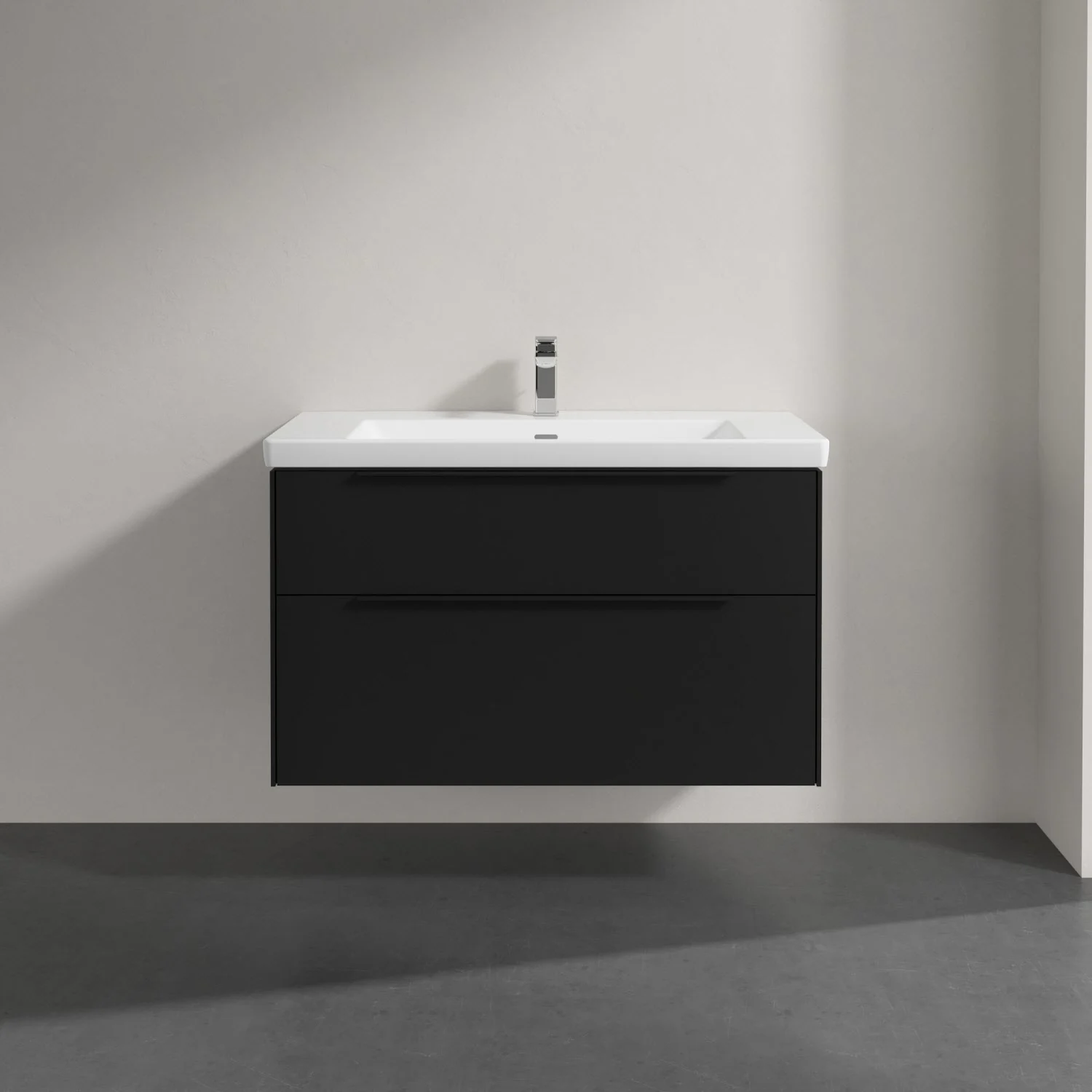 Umywalka z czarną szafką z bliska, Villeroy & Boch