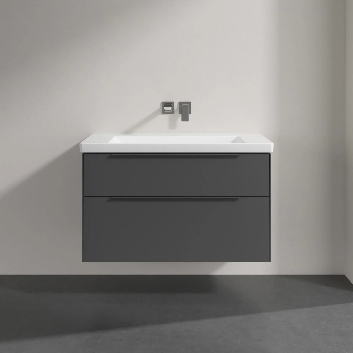 Szara umywalka z szufladami w łazience, Villeroy & Boch