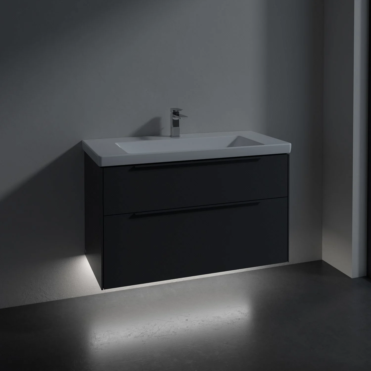 Umywalka z szafką w ciemnej łazience, Villeroy & Boch