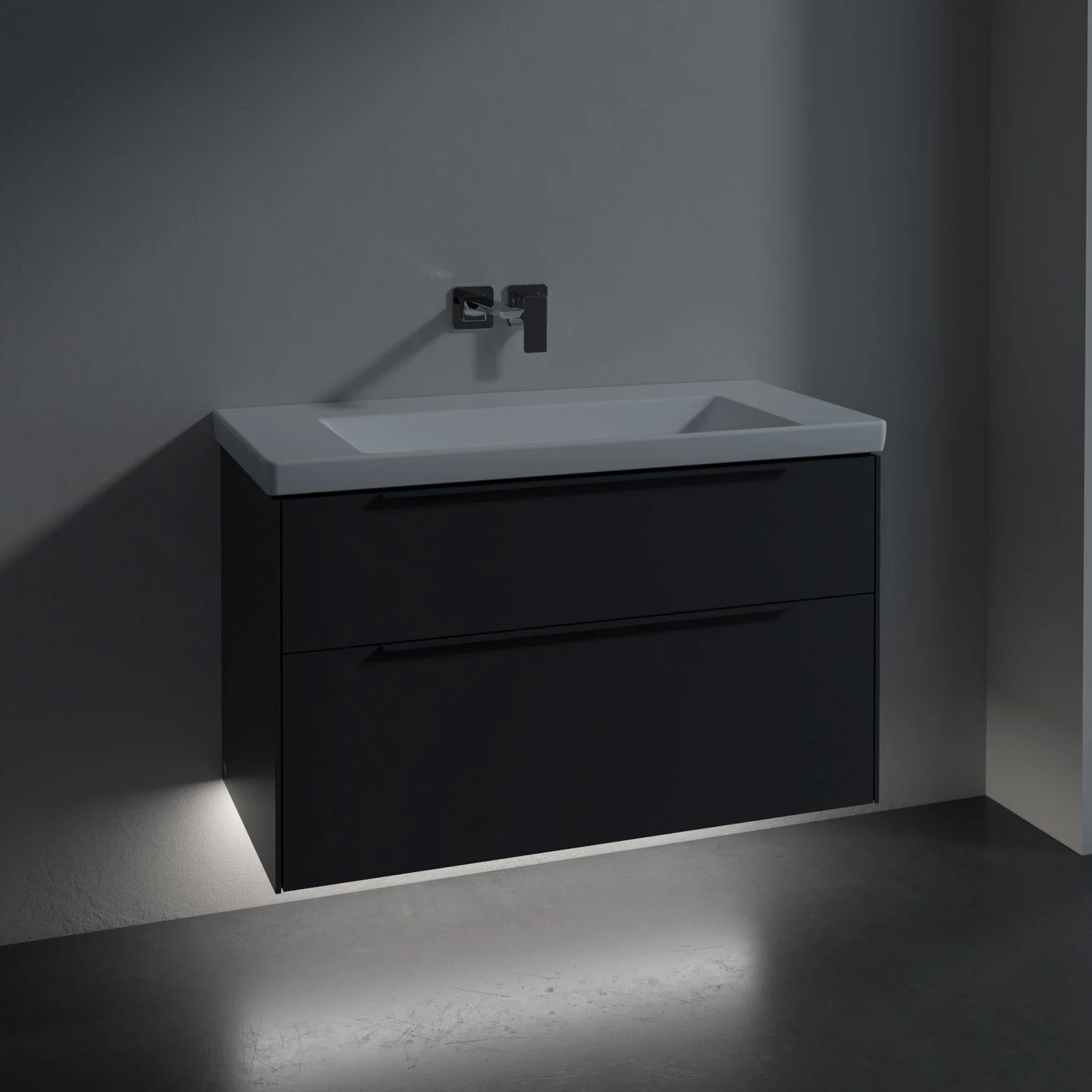 Umywalka z szafką w ciemnej łazience, Villeroy & Boch