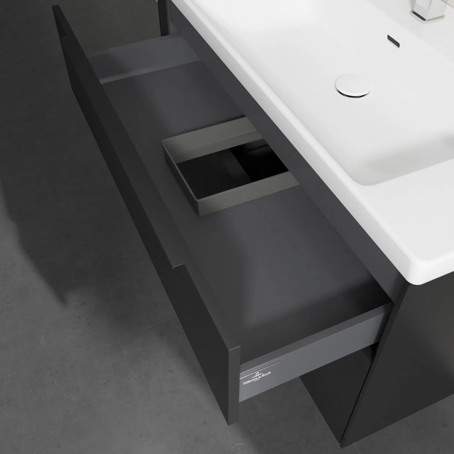 Szara umywalka z otwartą szufladą, Villeroy & Boch